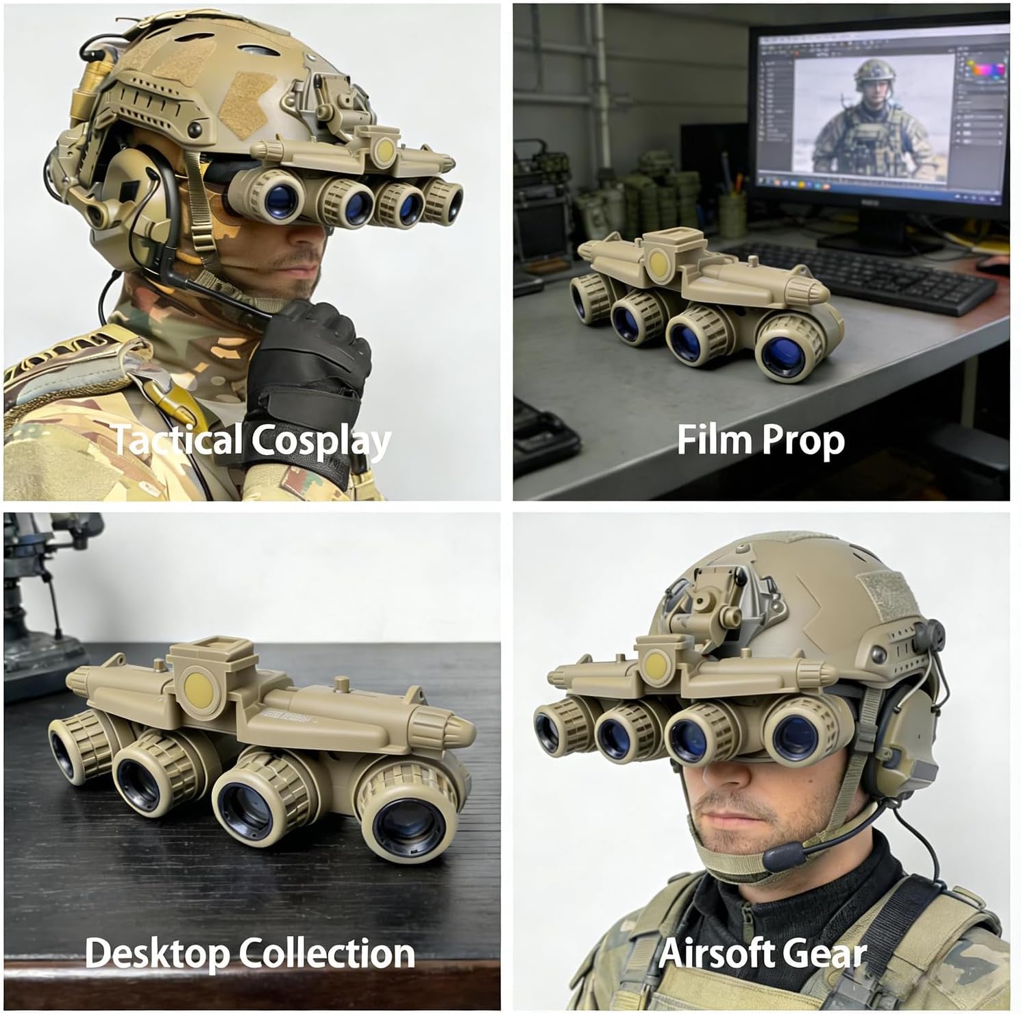 GPNVG 18 Night Vision Goggles Dummy Model with Night Vision Mount, Four-Tube Binocular Night Vision for Tactical Helmet NVG Mount, Cosplay Prop