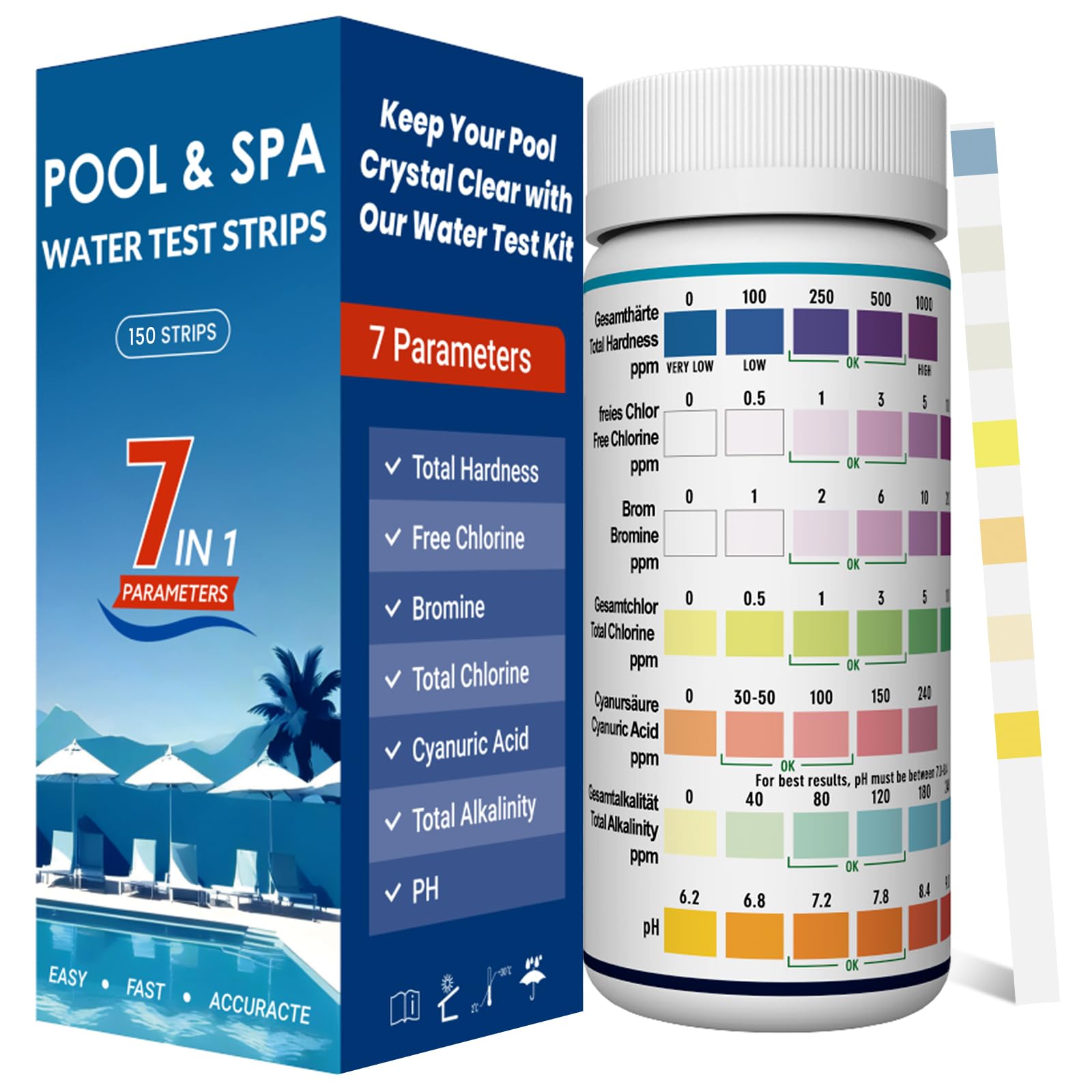 7-en-1 Bandelette Piscine | 150 Bandes | Chlore, PH, TAC, TH, Stabilisant, Brome, Alcalinité, Bandelettes Test Piscine PH et Chlore, Languette Piscine pour Spa et Jacuzzi
