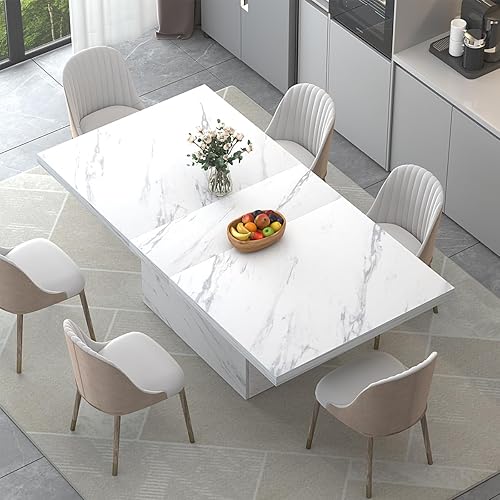 Miniatura 6 de HSH Mesa de comedor de mármol sintético blanco de 71 pulgadas, mesa de cocina rectangular moderna para 6-8, muebles de cocina largos de granja