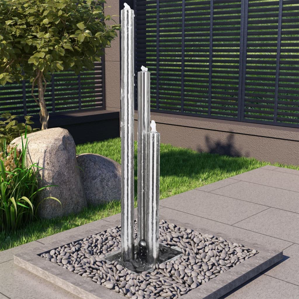 vidaXL Gartenbrunnen mit LED Beleuchtung Säulenbrunnen Springbrunnen Garten Deko Brunnen Zierbrunnen Wasserspiel Silbern 48x34x153cm Edelstahl