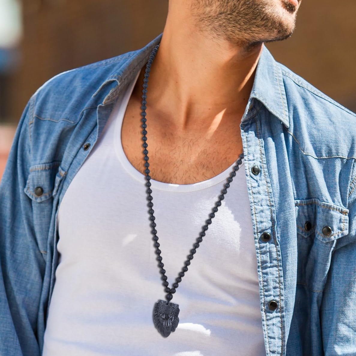 COAI Handmade 108 Mala 6mm Lava Beaded Necklace for Men, Black Obsidian Lion Pendant Necklace for Men 33.5"