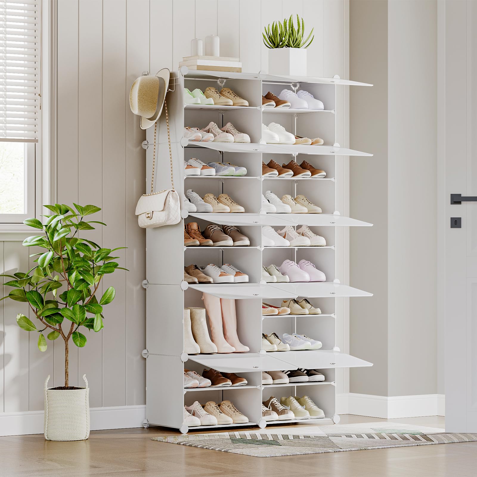 HOOBRO Mueble Zapatero, 10 Compartimentos, Modular Zapatero, Estantería de Plástico, con Puerta, Compartimento 40 x 30 x 30 cm, para Salón, Pasillo, Entrada, Dormitorio, Blanco EWT210SC01