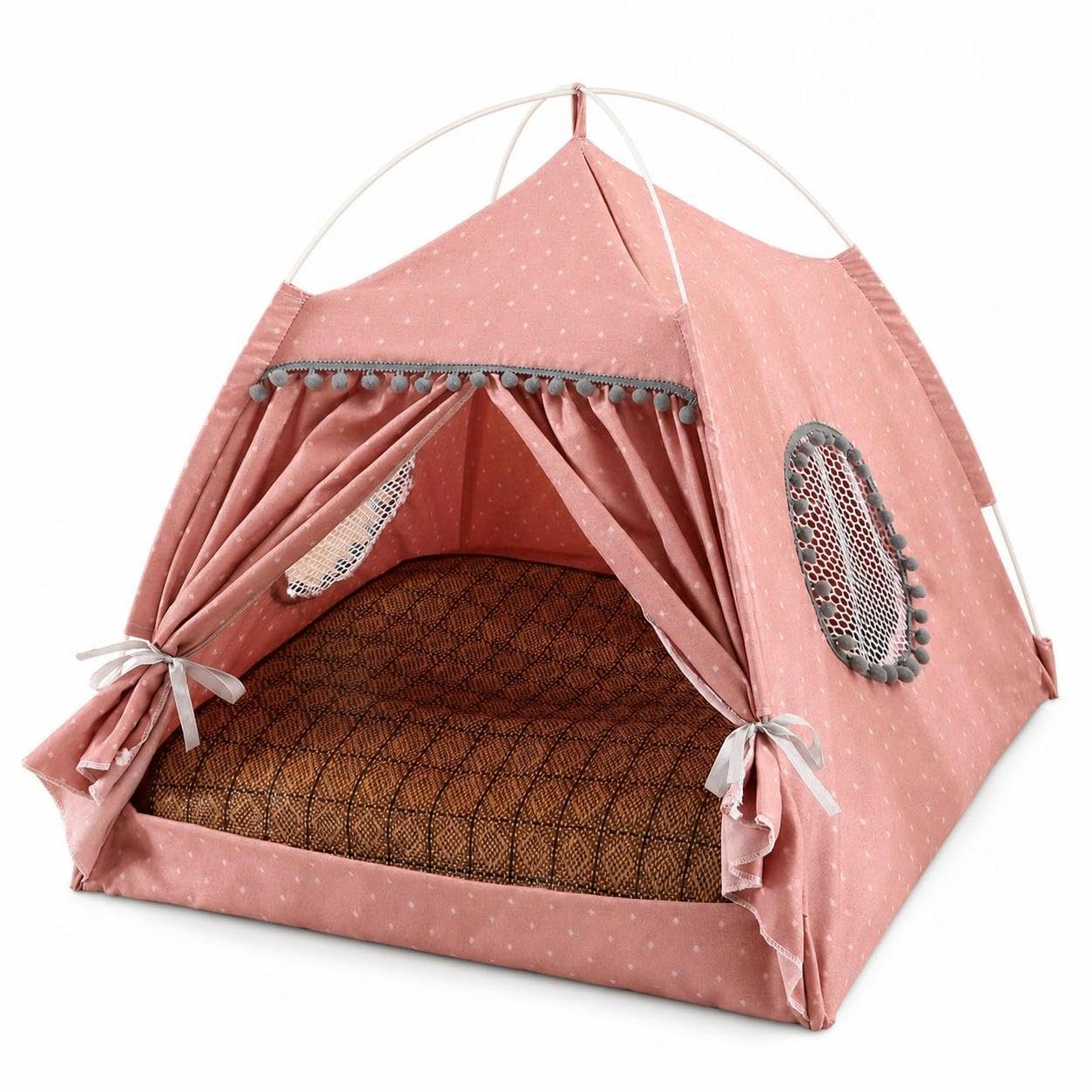 Cama cueva rosa para gatos con cojín y alfombrilla refrescante tamaño M