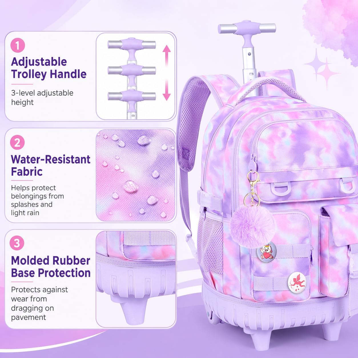 WZLVO 3PCS Backpack with Wheels, Water Resistance Girls Rolling Bookbag, Women Aesthetic Roller School Bag Set with Lunch Box & Pencil Bag for Teens & Kids - Purple Tie Dye Cloud image 5
