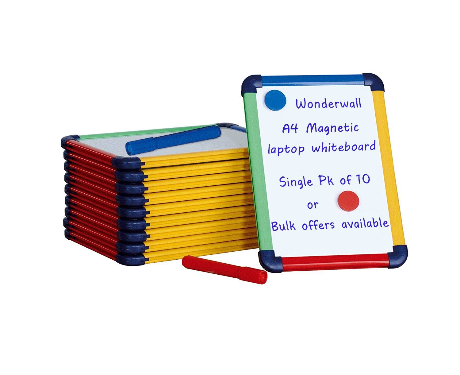 Wonderwall Mini Whiteboard A4 Magnetic on Both Sides| & Ideal for Group Work | Dual Sided| Coloured Frame | Pack of 10 Boards |Grid on one Side Plain on Reverse. Great for Early learners