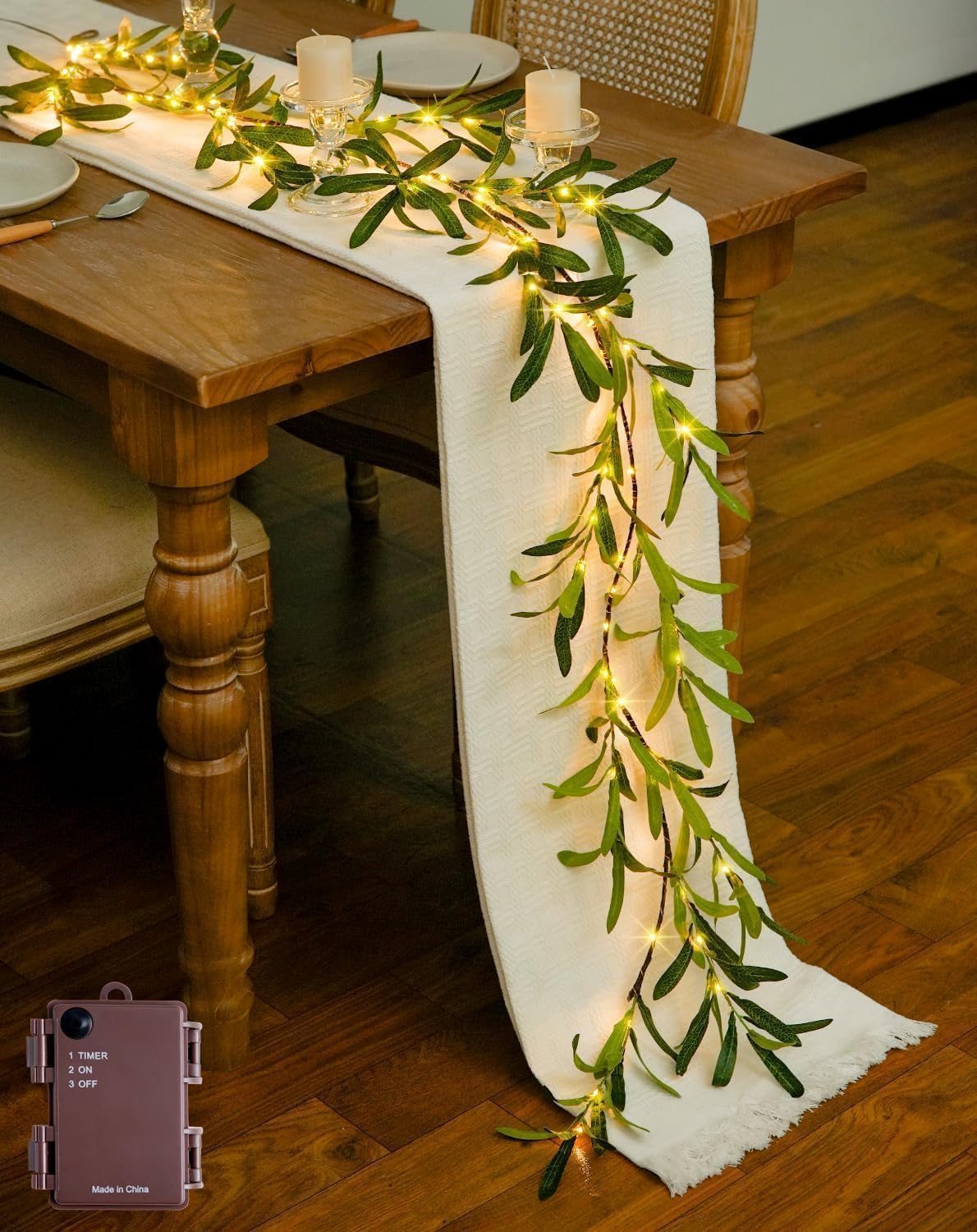 Twinkling Tree Olive Vine - 6ft Fairy Light Olive Vine Garland,Christmas garland with lights,Artificial Greenery Garland with 96 LED,Timer,Battery Operated for Mantel & Home Decor