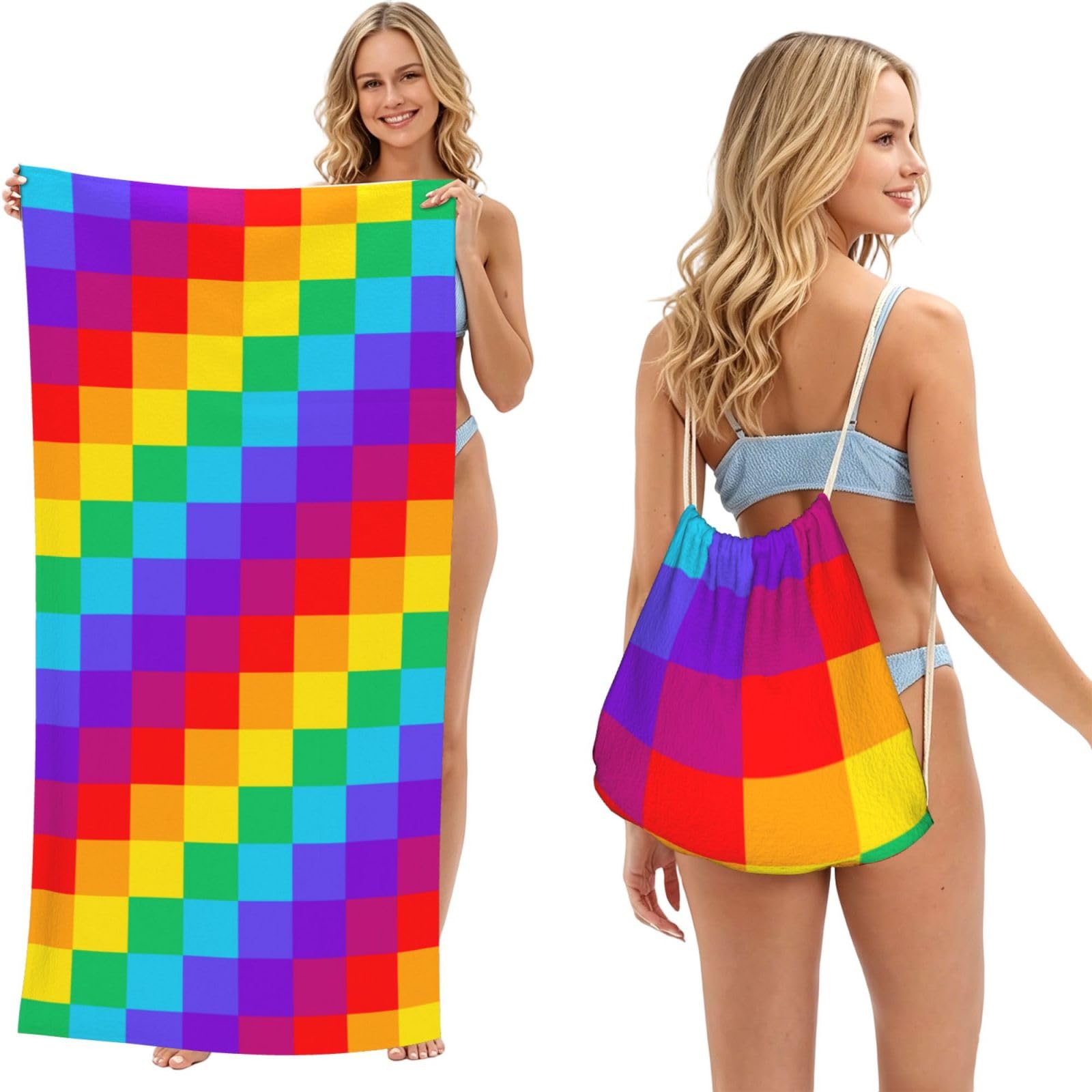 Poadnly As Picture Rainbow Plaid Pattern, 2 In 1 Packable Towel Bag, Beach Towels With Drawstring Backpack For Travel Holiday Camping