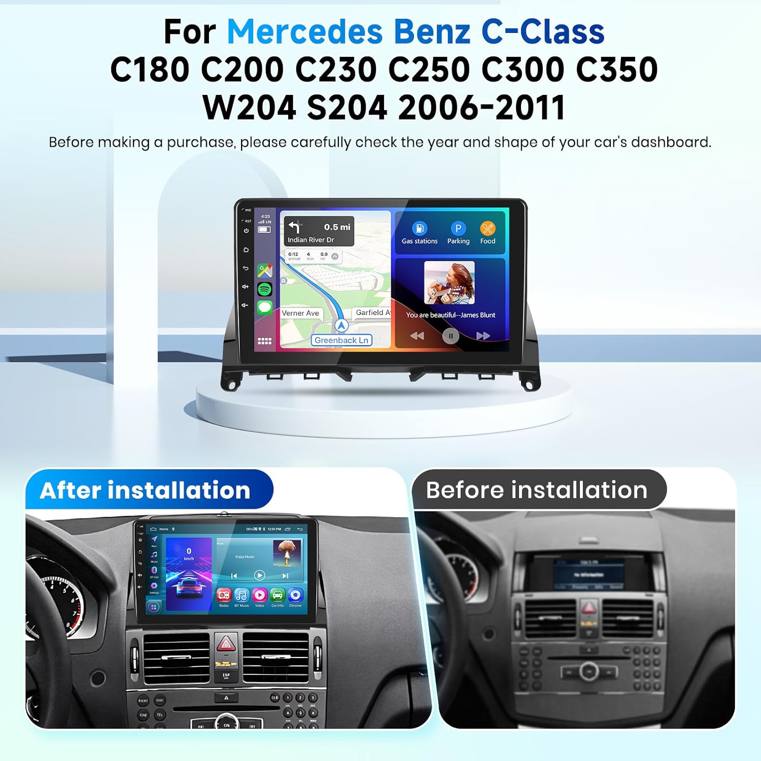 Before and after installation of the car stereo in a Mercedes Benz C-Class