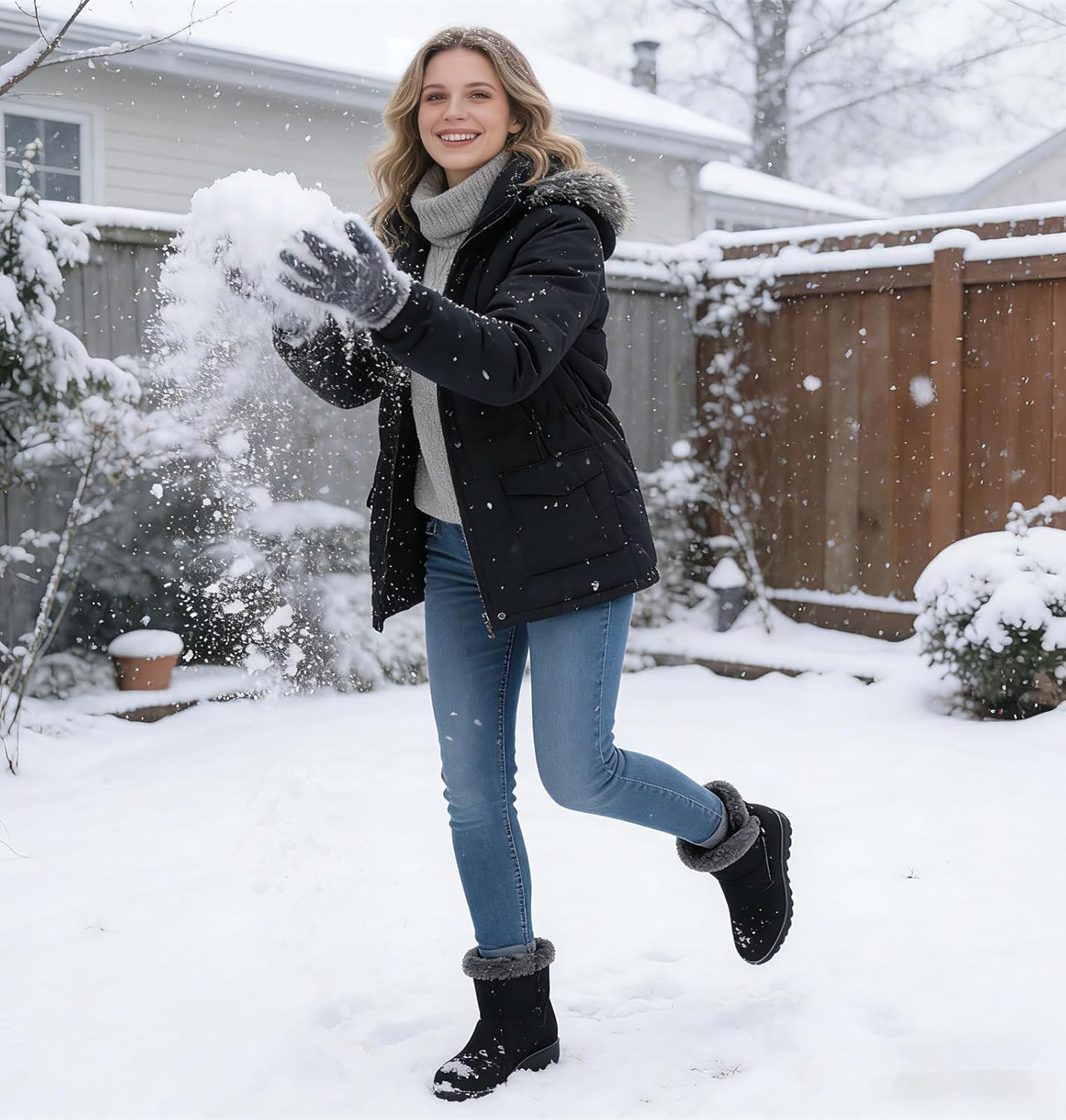 DADAWEN Women's Winter Warm Fur Lined Snow Boots Side Zipper Ankle Boots Outdoor Booties Comfortable Boots for Women