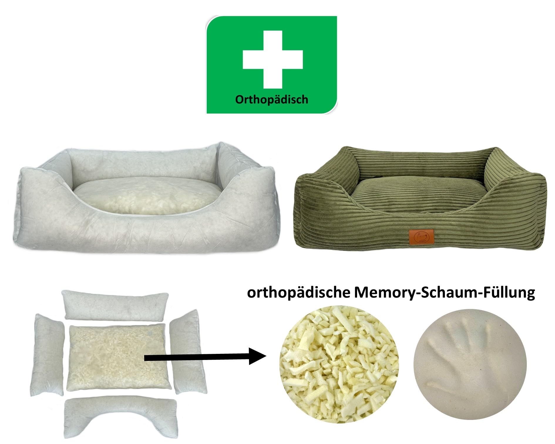 elropet Hundebett orthopädisch aus Kuschel Cord XS/S/M/L/XL kleine Hunde große Hunde Hundekorb (Olivegrün, XS (65x50x18cm))