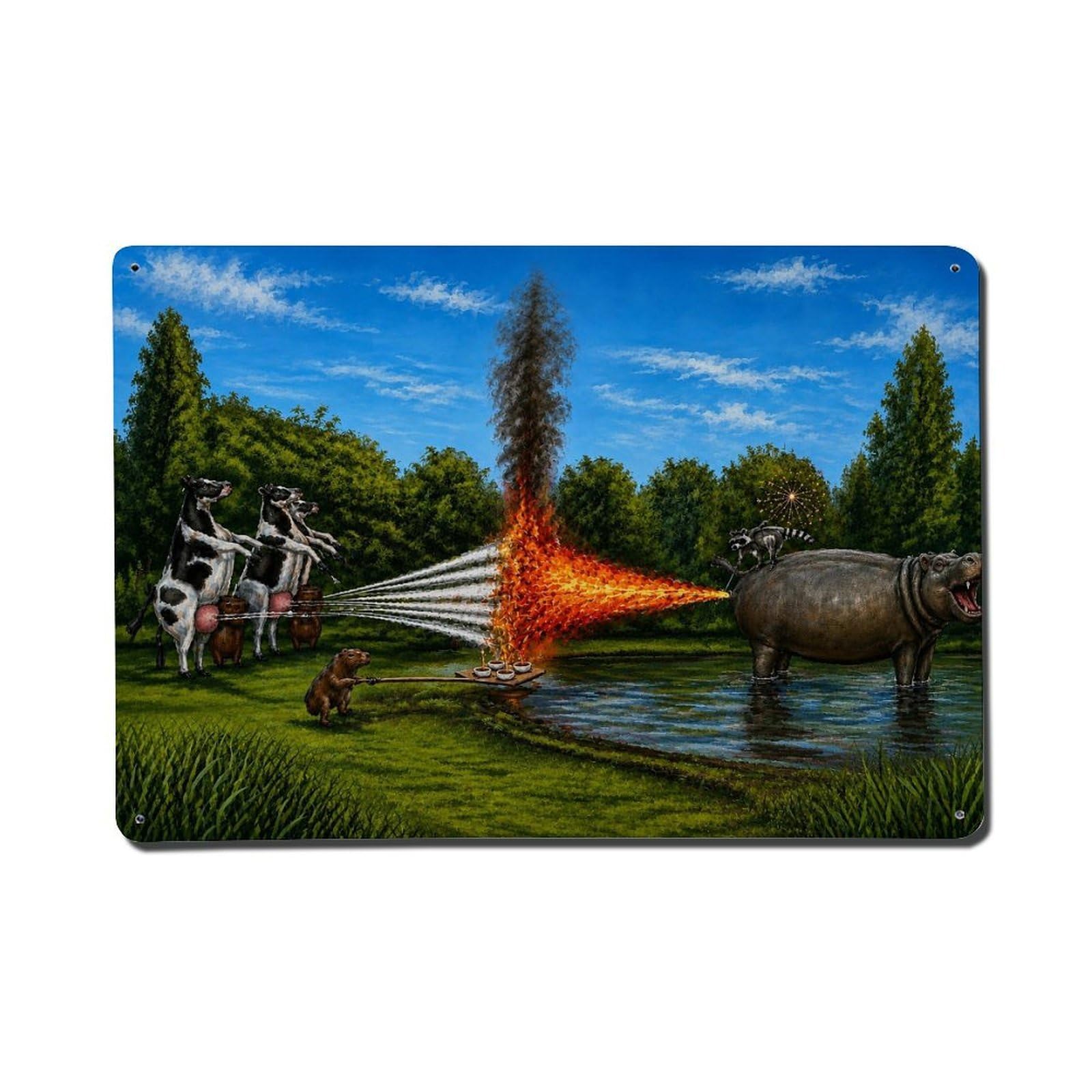 Surreal Funny Farm Animal Capybara And Cow Vintage Aesthetic Metal Tin Sign Plaque Wall Decor for Cafe, Man Cave, Club Bar, Office, Home Garden Round Metal Poster 8x12Inch