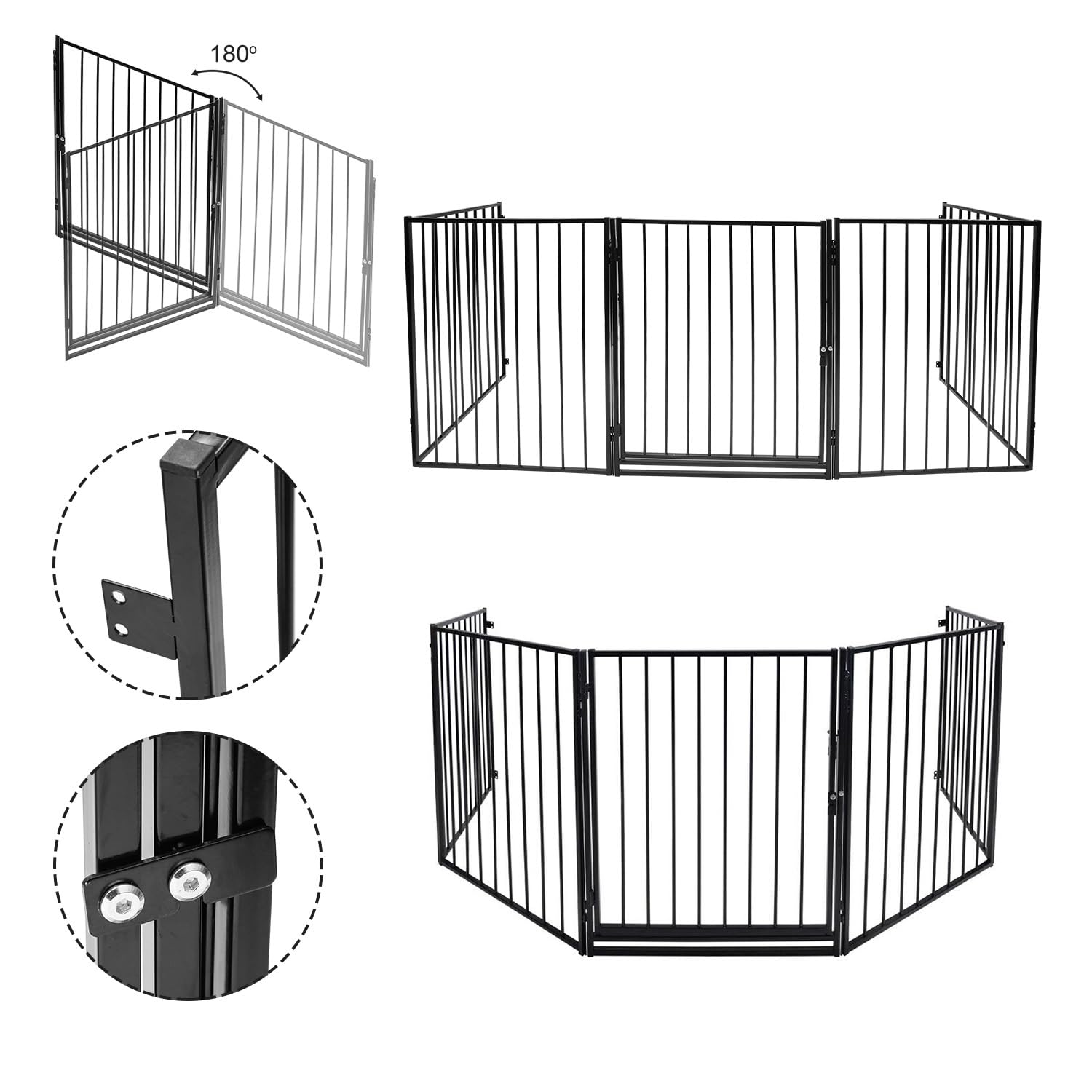 Rejilla protectora plegable para mascotas, juego de 5 piezas con puerta, rejilla protectora para chimenea con puerta de 304 cm, color negro, fijación a la pared, cada elemento 60 x 76 cm
