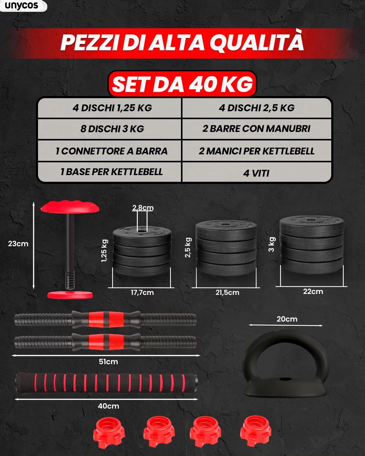 unycos - Manubri Regolabili con Dischi 10-40 kg【E-Book con 50 Esercizi】Coppia di Pesi con Barra di Collegamento Antiscivolo per Allenamento, Palestra in Casa, Fitness (Red/Orange Transformer)
