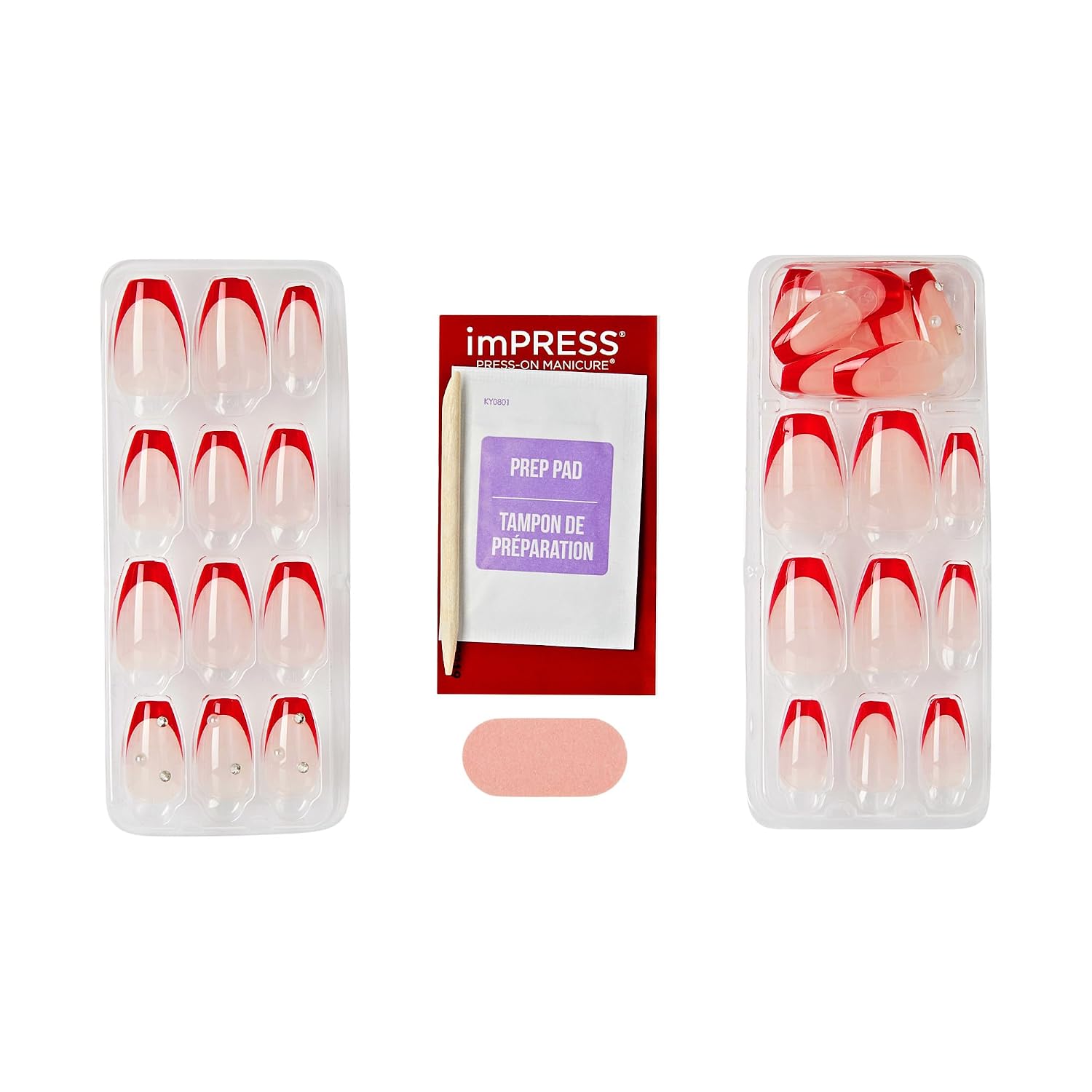 Kiss Impress No Glue Mani Press On Nails, Design, 'Happy World', Red, Medium Size, Coffin Shape, Includes 30 Nails, Prep Pad, Instructions Sheet, 1 Manicure Stick, 1 Mini File