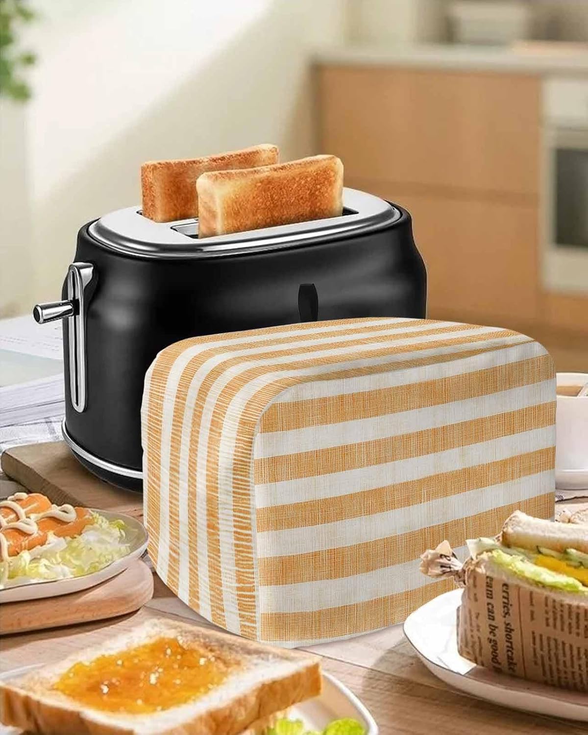 Orange Stripes 4 Slice Toaster Cover Vintage Farmhouse Linen Styles Boho Small Appliance Cover Toaster Dustproof Fingerprint Protectors Machine Washable, Large Size Holiday Kitchen Decor
