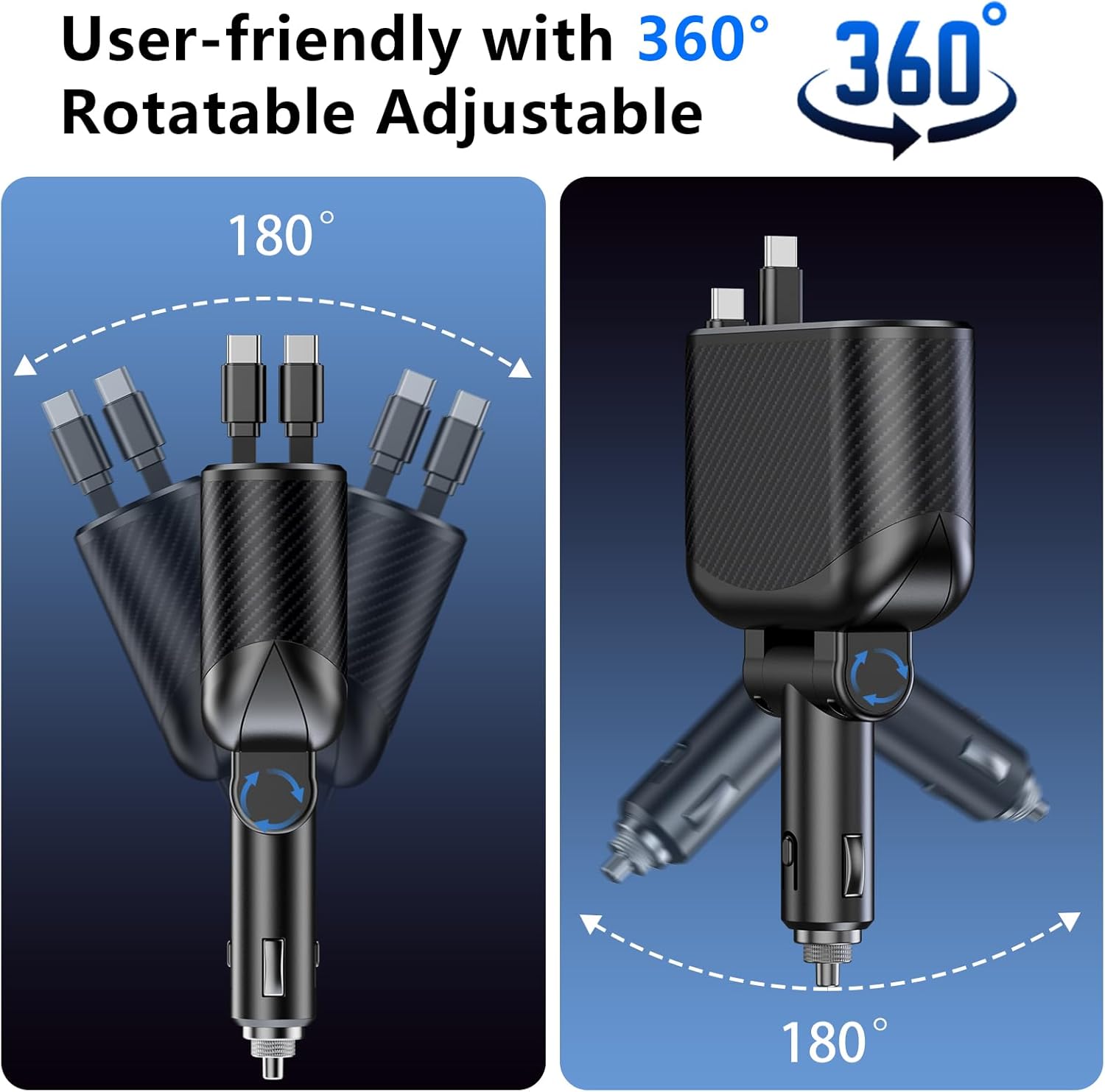 OHLPRO Retractable Car Charger Cigarette Lighter Adapter, 168W 5 in 1 Fast Phone Charging Built-in Replaceable Fuse, Socket Splitter with USB C and USB i Cord, Fit for Phone iPad Galaxy GPS, Grey
