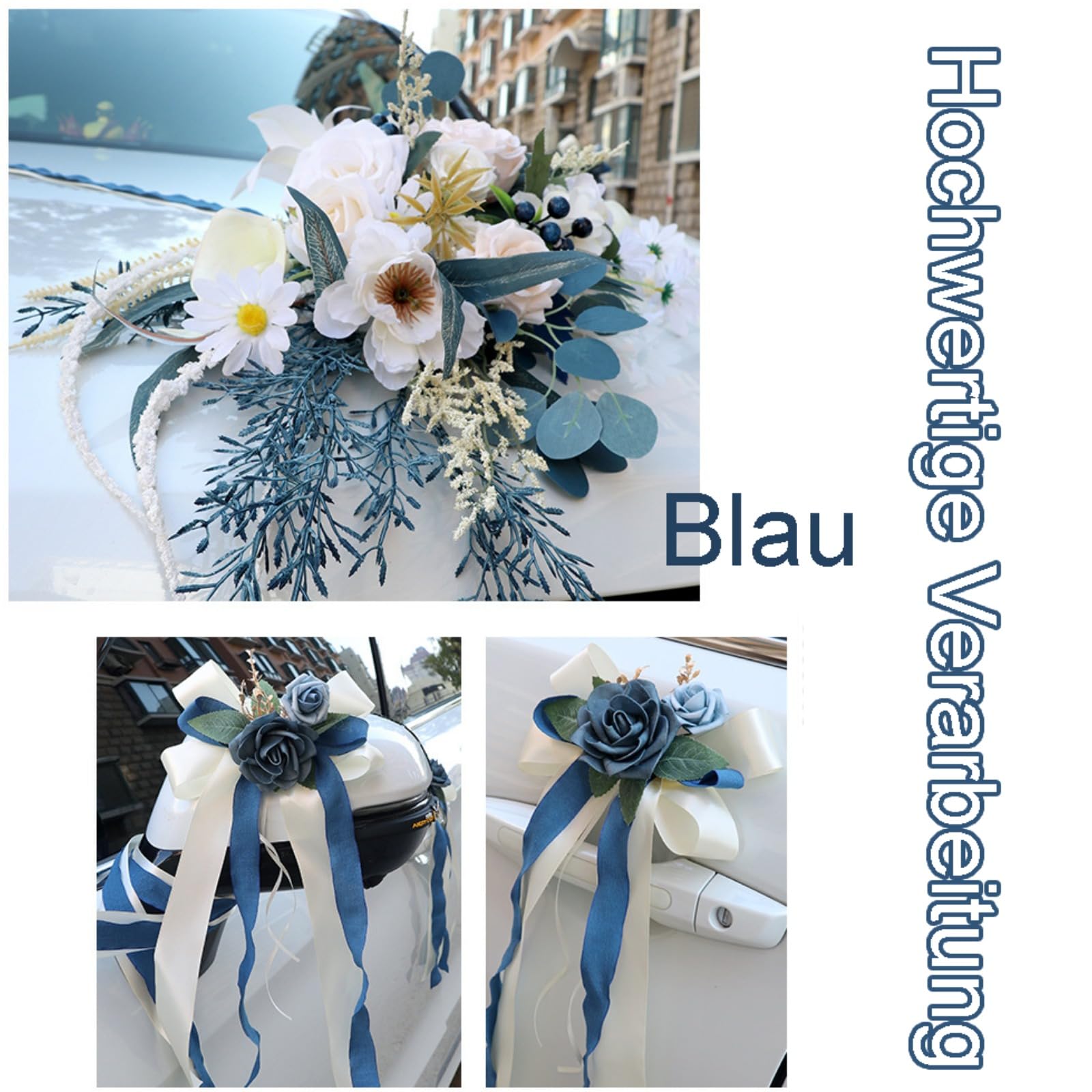 8 Stück Set Hochzeit Autoschmuck, Hochzeit Autoschleifen mit Saugnäpfen, Rückspiegel Türgriff Motorhaube Künstliche Blume für Hochzeit Empfang Zeremonie (Blau)