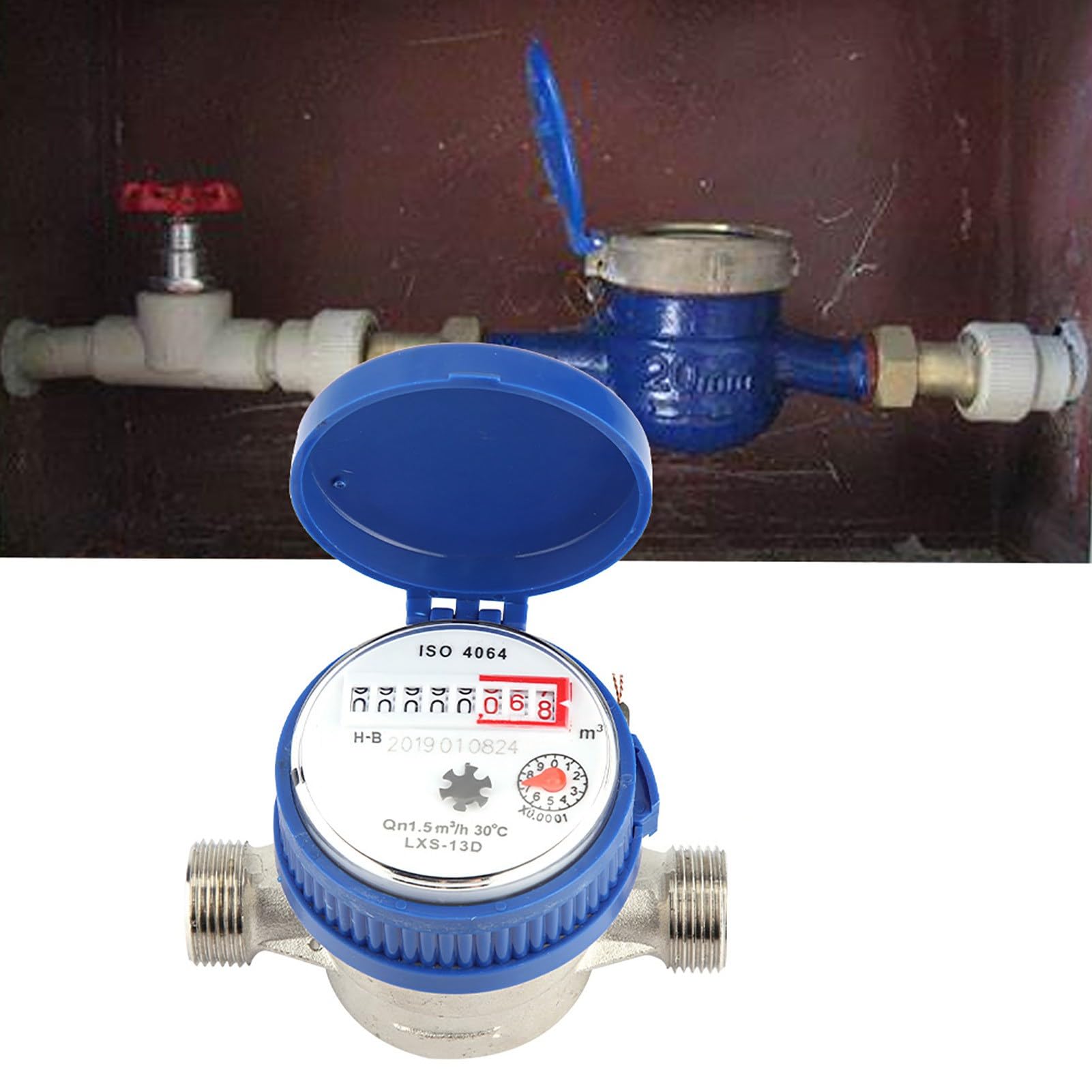 Contatore Acqua da Giardino 1/2 pollici, Flusso del Contatore per Acqua Fredda da 15 mm, Contatore Acqua Fredda con Copertura Protettiva per Casa e Giardino