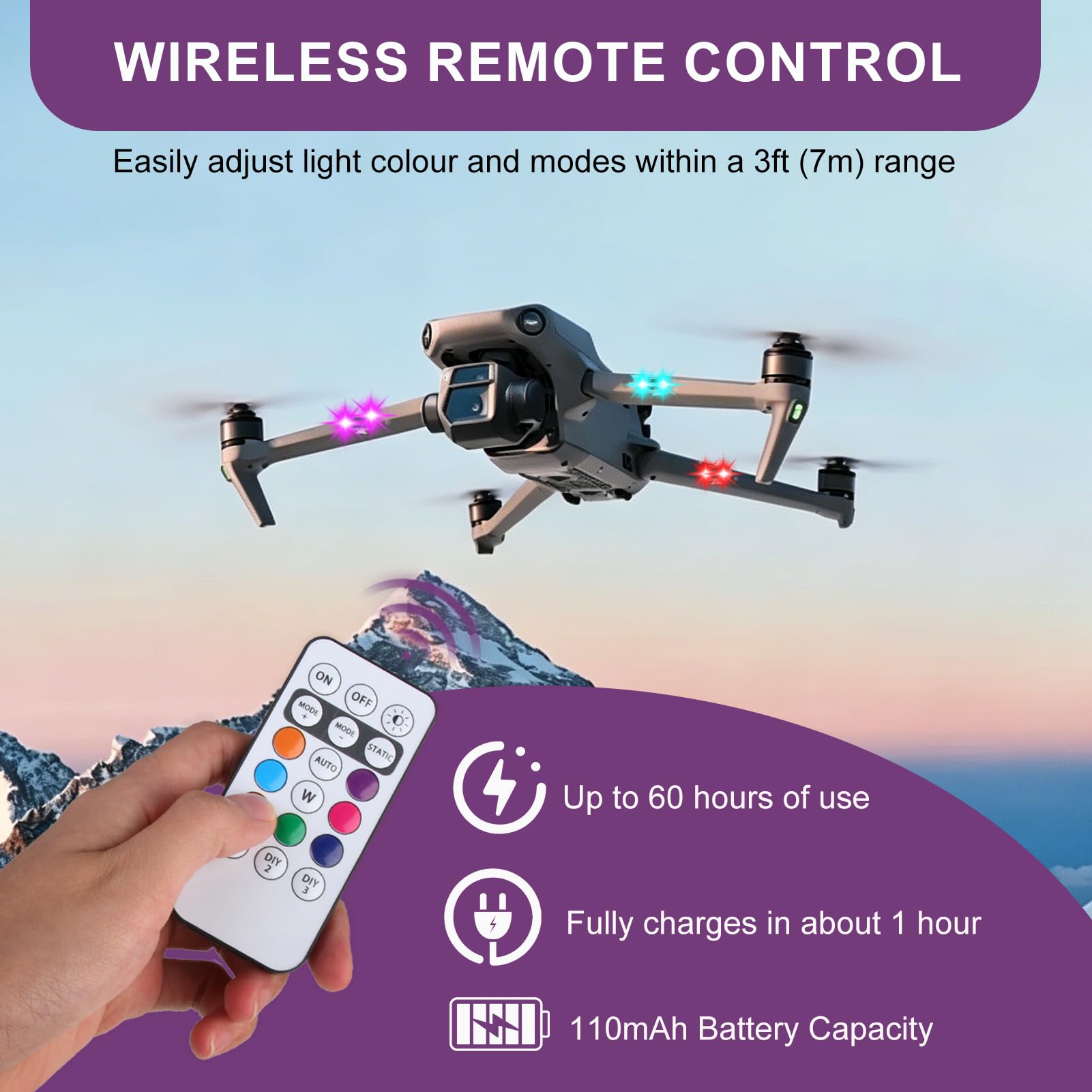 4 Pièces Luces Estroboscópicas LED Inalámbricas para Dron Coche Moto, LED Estroboscópico Luz Interior Coche con Mando a Distancia, 8 Colores y Modos de Flash, Carga USB Impermeable Anticolisión