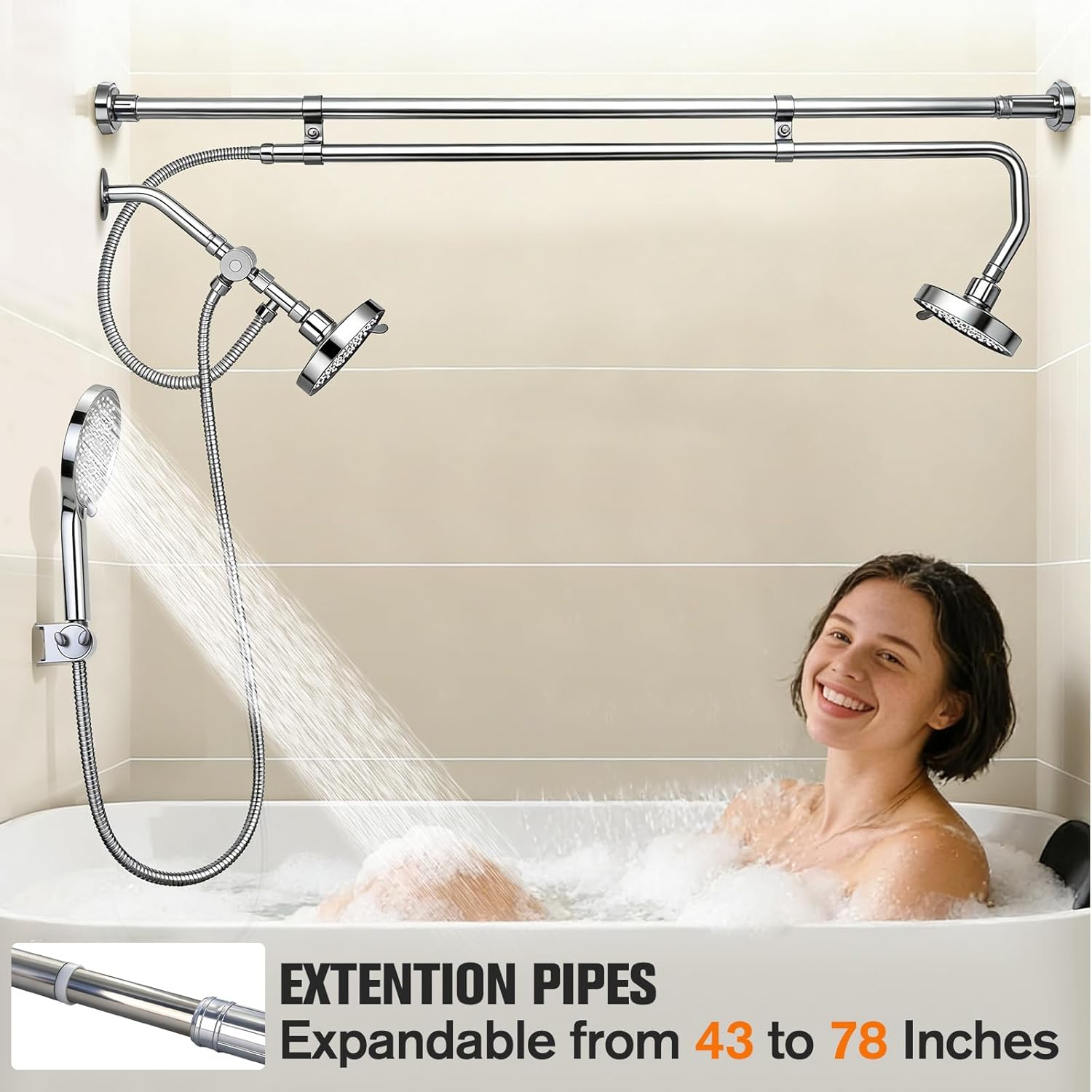 Tandem Shower Head for Couples, Dual Shower System with Sliding & 180°Rotation, Tool-free installation of a three-head silver shower with 3 spray modes