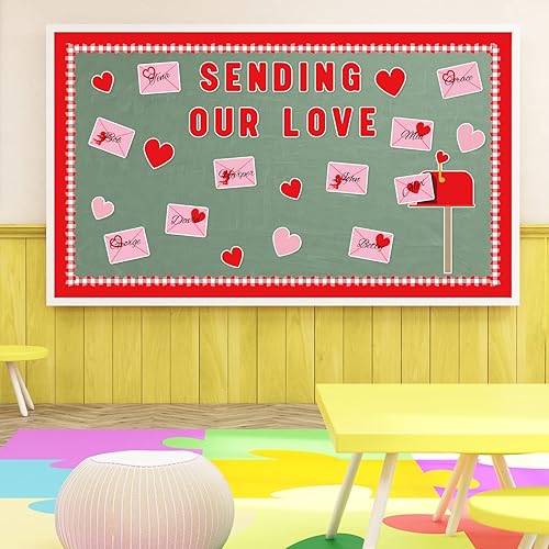 Miniatura 4 de Whaline Tablero de anuncios para el día de San Valentín, buzón de carta de amor, recortes de sobre de corazón rojo y rosa, bordes a cuadros,