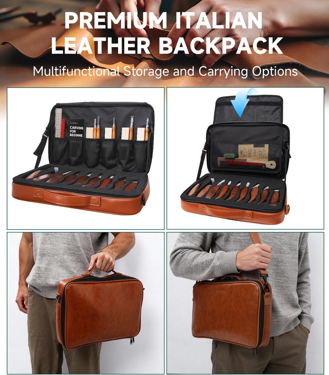 Wood Carving Kit, 30Pcs Wood Carving Tools Set with Leather Storage Bag, Deluxe Whittling Kit, 9 Wood Carving Knives 5 Chisels 4 Blocks (30-Piece Leather Bag Set)