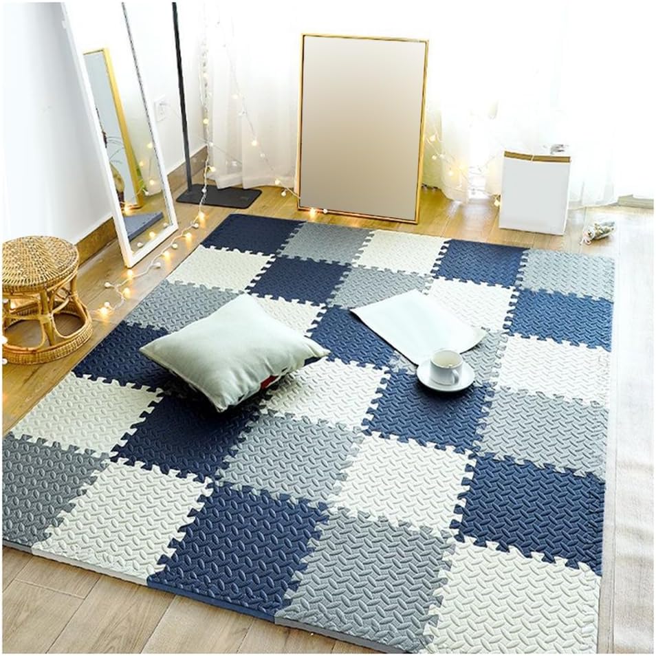32Pcs 1″ Thick EVA Interlocking Foam Puzzle Mats – Soft Non-Slip 12×12 Gym Exercise Floor Tiles with Border for Playroom & Home – White, Gray & Navy Blue