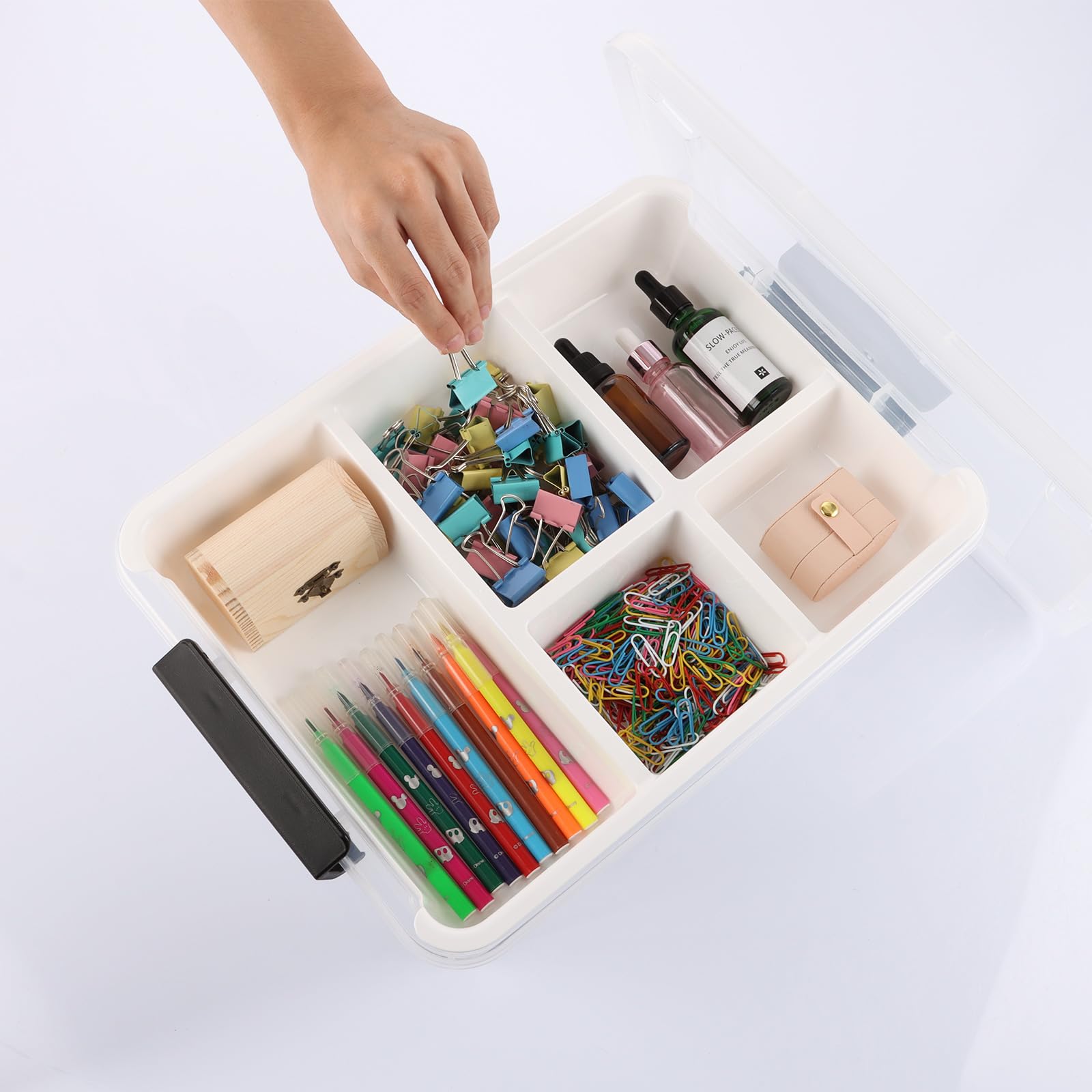 Caja de almacenamiento de plástico con bandeja extraíble, organizadores de manualidades transparentes y contenedores de almacenamiento de 17 cuartos de galón para suministros de arte y
