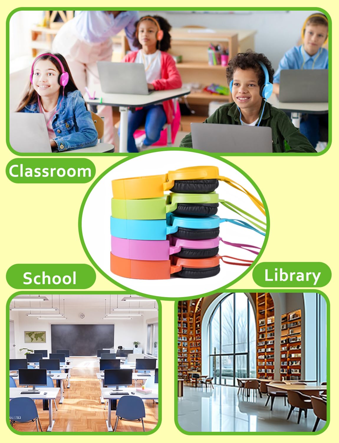 Confezione da 10 cuffie cablate per aule e bambini, per studenti scolastici K-12, cuffie on-ear multicolore con spina da 3,5 mm, perfette per scuole/biblioteche/musei