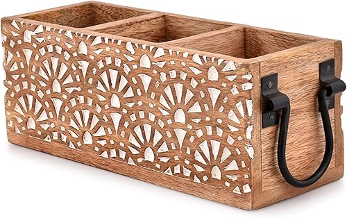 Miniatura 3 de NIRMAN Estante multiusos de madera de mango con 3 compartimentos para cubiertos, servilletas, tazas (11 x 4 x 4.5 pulgadas)