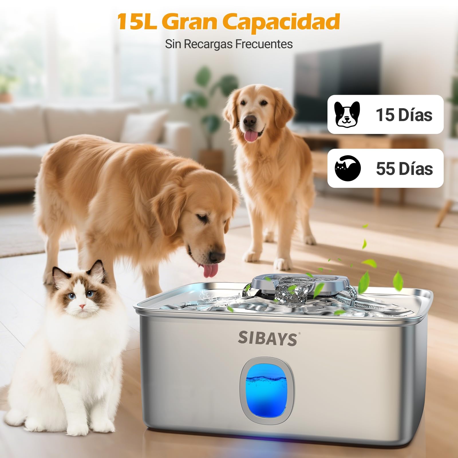 Sibays 15L Bebedero Perro Grande, Fuente para Gatos Acero Inoxidable con Ventana Visible & LED Inteligente, Bebedero Automático y Súper Silencioso para Varias Mascotas, Fácil de Limpiar, FS76