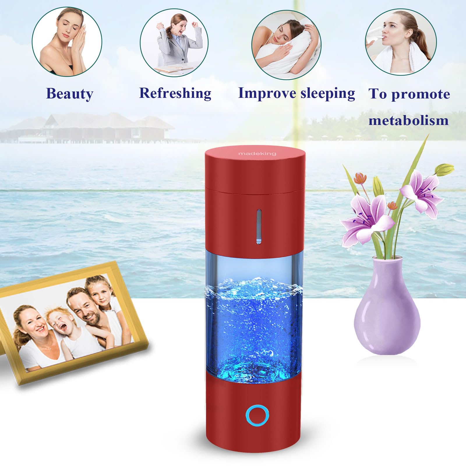 Wasserstoff-Wasserflaschen-Generator - 5Min Schnell Elektrolyse Wasserstoff Wasser Maschine, Tragbarer, wiederaufladbarer, wasserstoffreicher Wasserbecher-Macher, Typ C (Rot)