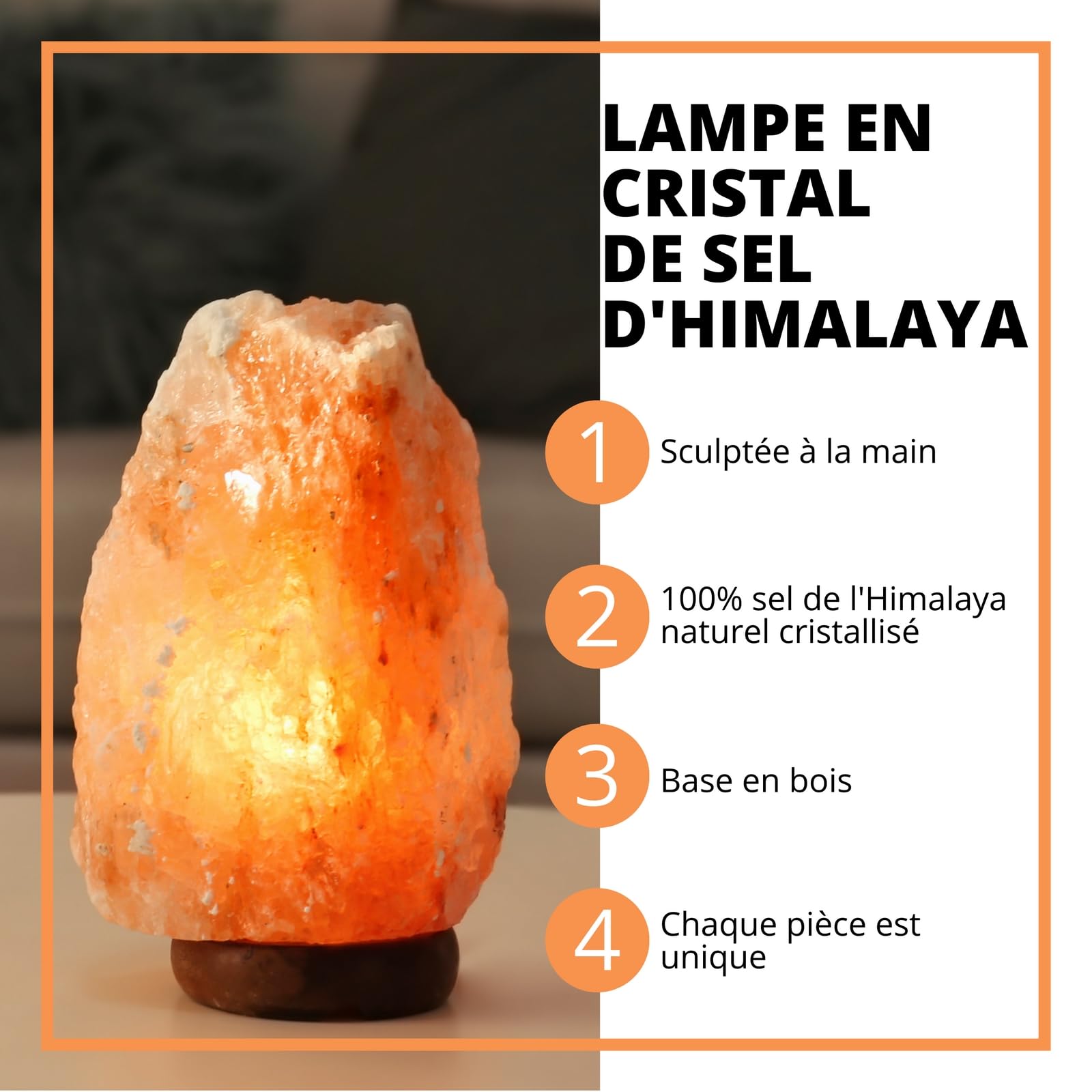 Himalajska Rock Sól Kryształowa Lampa USB - 100% Autentyczny Naturalny Kryształ Sól Himalajska - Ręcznie rzeźbiony - Drewniana podstawa - Dołączony kabel zasilający USB - Około 500g - Zen'Light