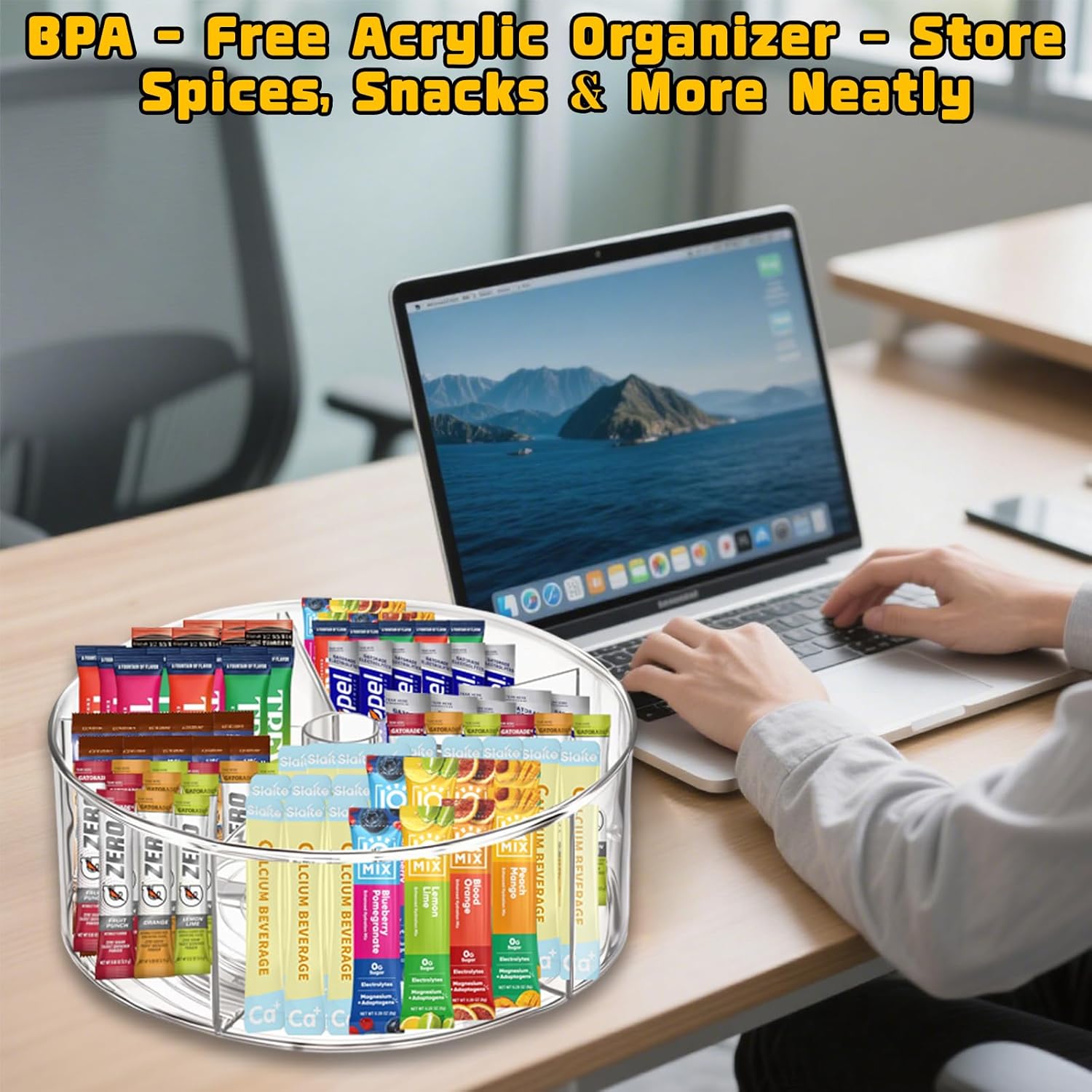 Clear Acrylic Drink Packet Organizer 11.7" x 11.7" x 4.5", 360° Rotating Carousel Lazy Susan Storage Bins Turntable 5-Compartment Dividers for Kitchen Fridge Pantry Powdered Drinks Water Snacks