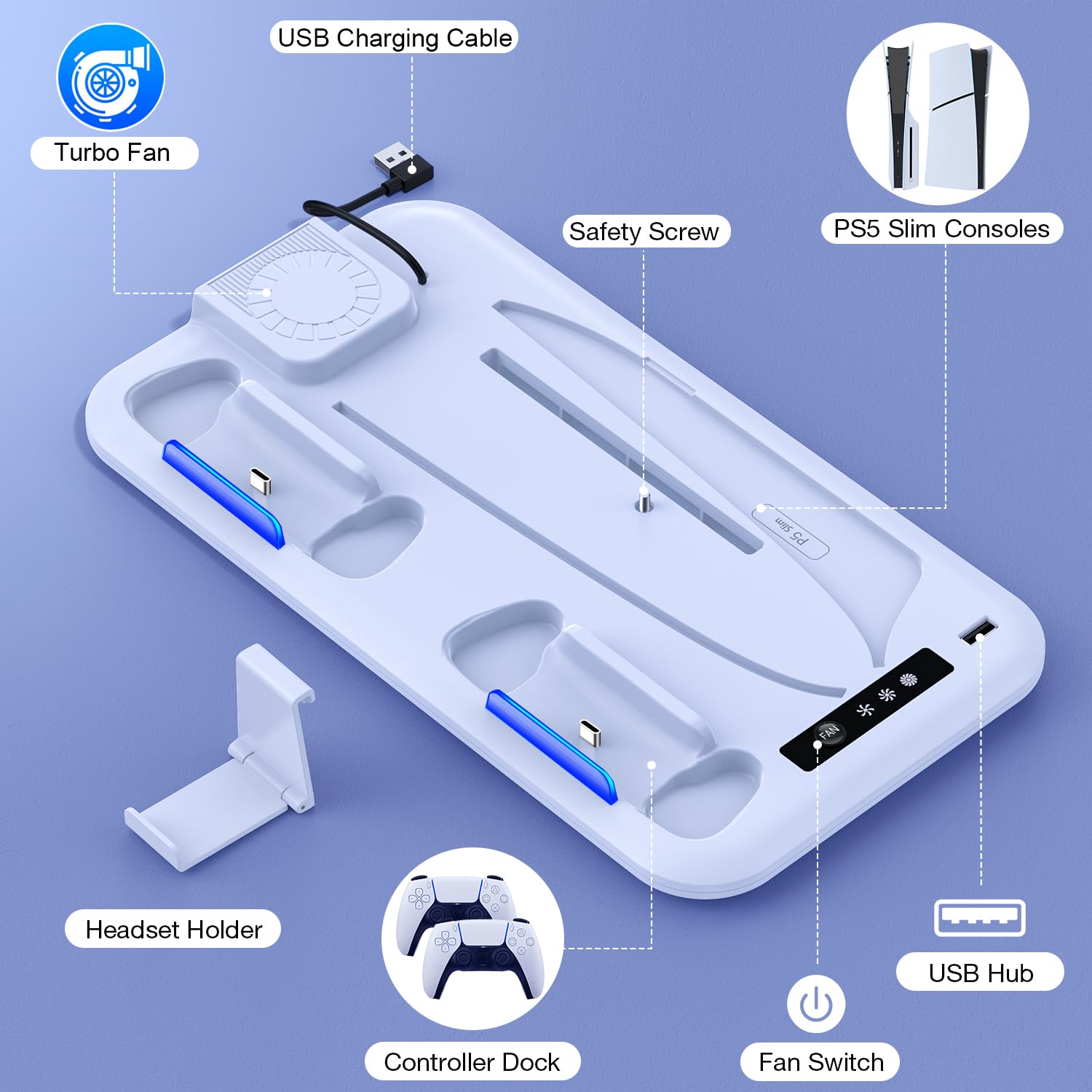 Station de refroidissement fine PS5 avec chargeur double contrôleur, ventilateur de refroidissement turbo à 3 vitesses, hub USB et crochet pour casque pour console Playstation 5 Slim Edition/Digital