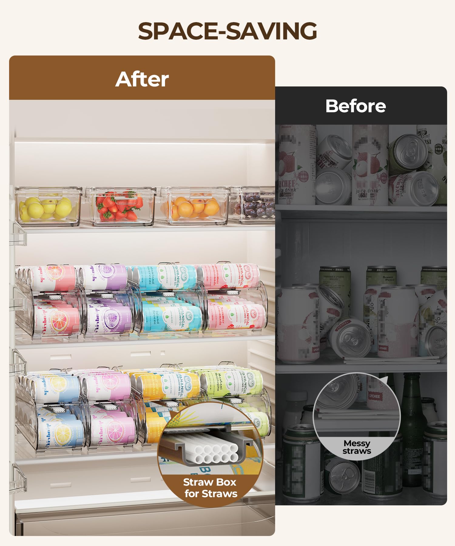 Organizador de bebidas para refrigerador, dispensador de latas de refrescos para refrigerador con rodillo automático, organiza latas de tamaño estándar de 11 onzas o 12 onzas, ahorra espacio para
