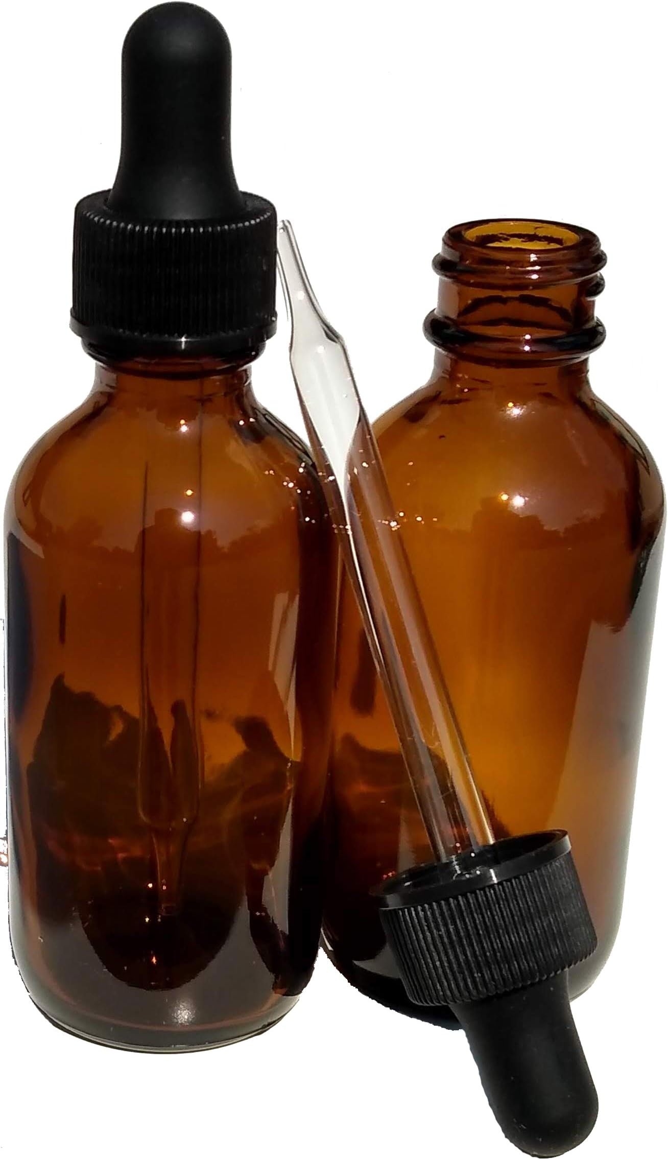 Dropper Stop® 2oz Amber Glass Dropper Bottles (60mL) with Tapered Glass Droppers - Pack of 2