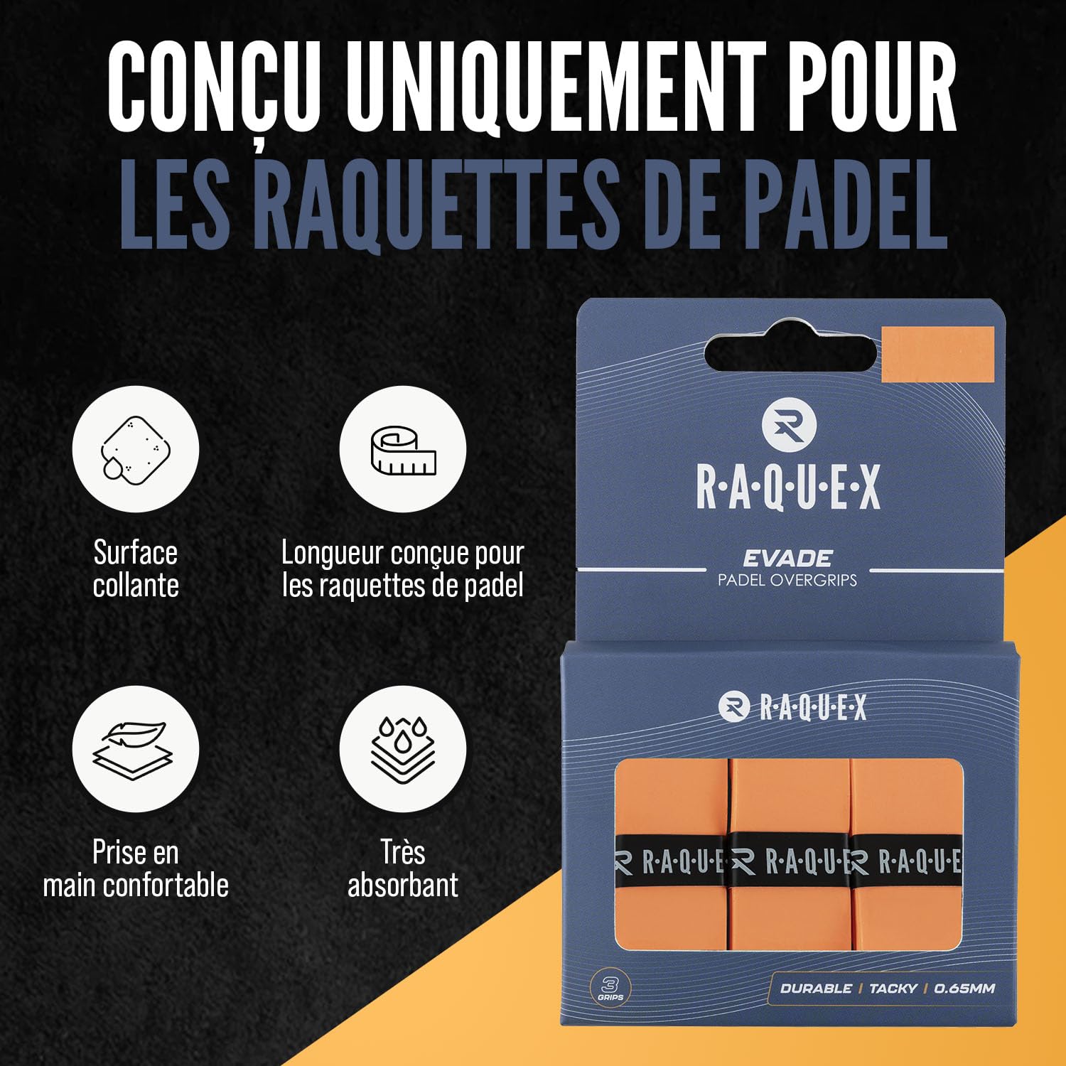 Raquex Surgrip Evade pour Raquettes de Padel — 10 Couleurs — Paquet de 3 surgrips, 0,65 mm d'épaisseur — Surgrip antidérapant Absorbant et légèrement adhésif pour Raquettes de Padel ou de Pickleball