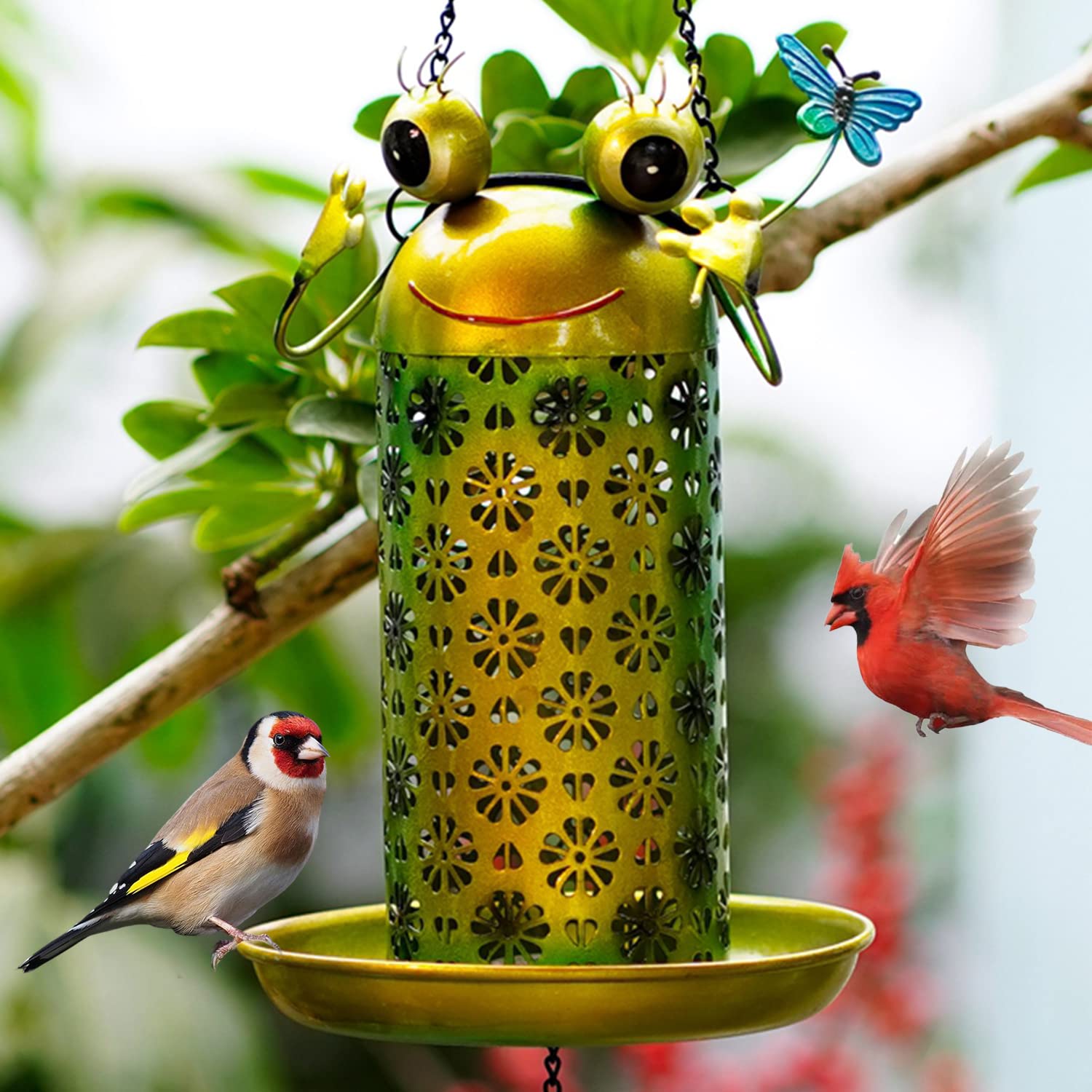 Solar Frog Bird Feeder for Outdoors Hanging - Metal Outside Wild Bird Feeders,Solar Light, Garden Backyard Decoration,Gifts for Bird Lovers,Family, Friends,Elderly.10 High x 6.5" Dia
