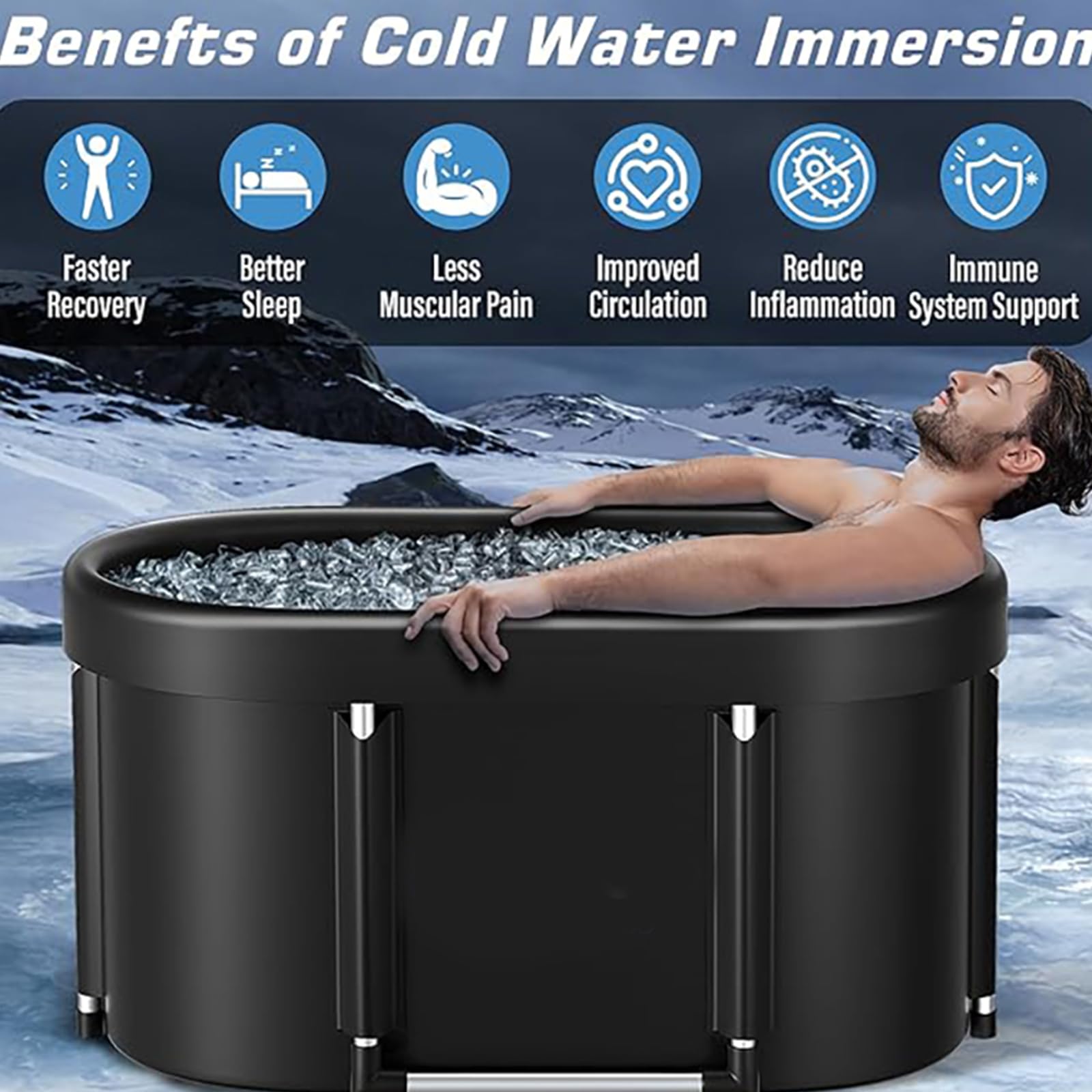 Bañera de hielo plegable, 115 x 60 x 50 cm, portátil, ovalada, con marco de aluminio, tubo de drenaje y cojín para recuperación y relajación, color negro