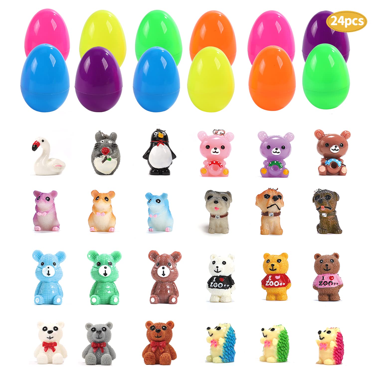 CUTE STONE 24 Pack Filled Easter Eggs with Animal Key Chains Toys, Easter Basket Stuffers Easter Party Favors for Boy, Girls and Kids