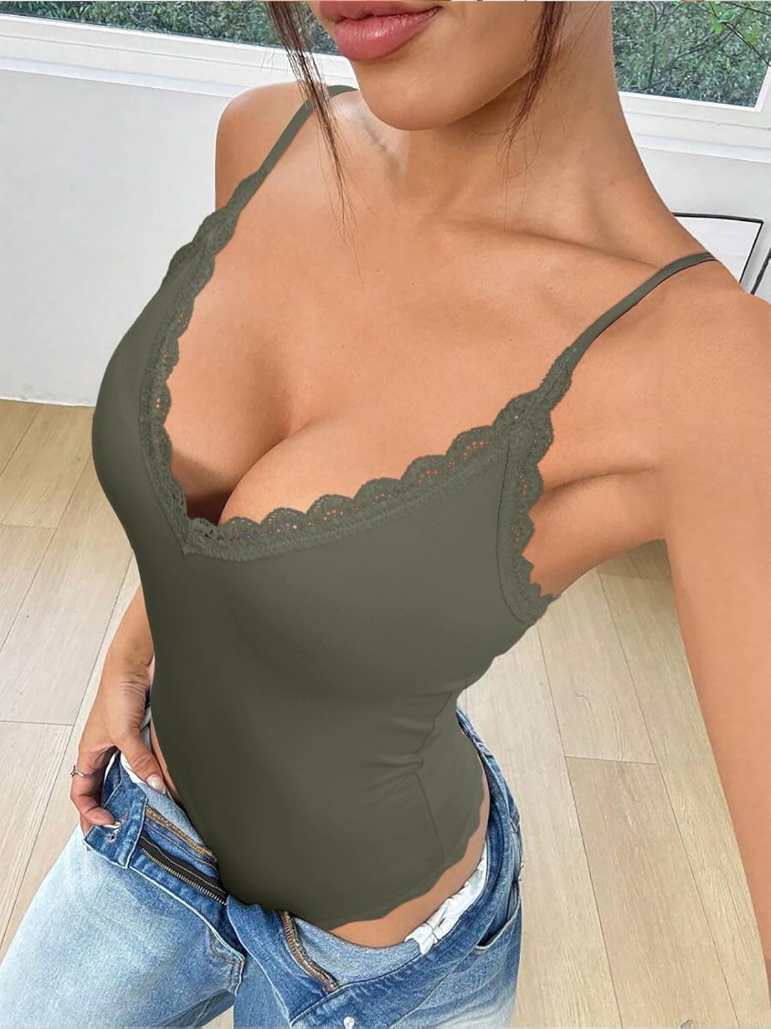 REORIA Women's Sexy V Neck Lace Backless Bodysuits Trendy Sleeveless Double Lined Thong Going Out Y2K Spaghetti Strap Tops - Image 5