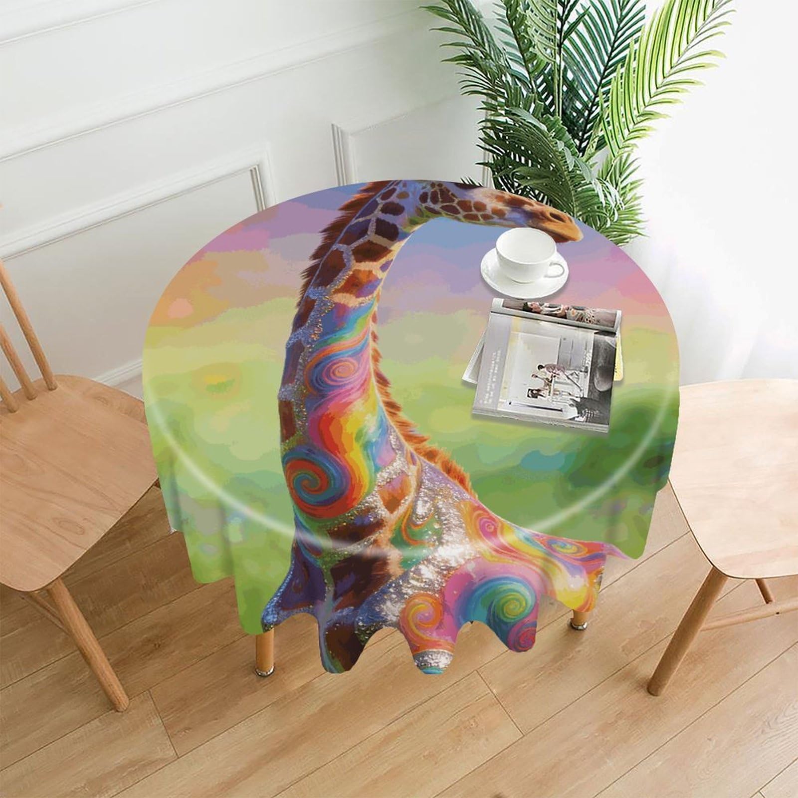LZQPOEAS Colorful Artistic Giraffe Tablecloth Easy to Clean Polyester Round Table Cover Washable Round Table Cloth Wrinkle-Free Circle Decoration Tablecloth for Kitchen and Dining Room 60"