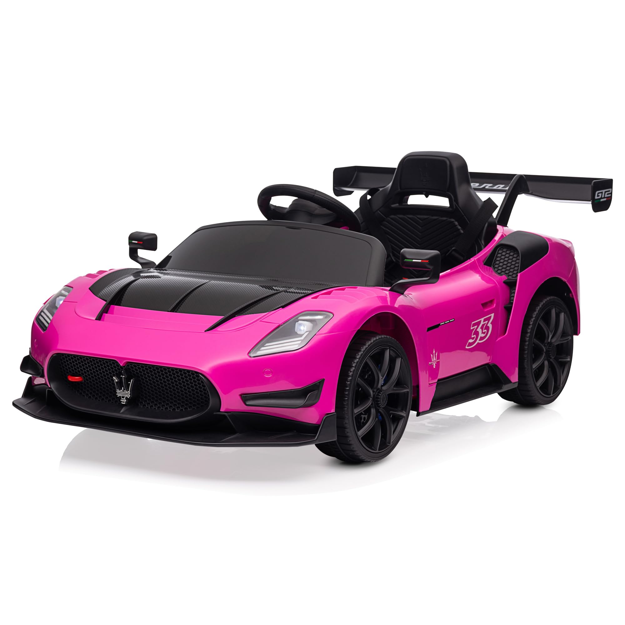 Kidzone 12V Licensed Maserati GT2 Ride On Car for Kids, Electric Sports Car with Remote Control, LED Lights, Bluetooth & USB Music, Open Doors, Portable Pull Rod - Pink