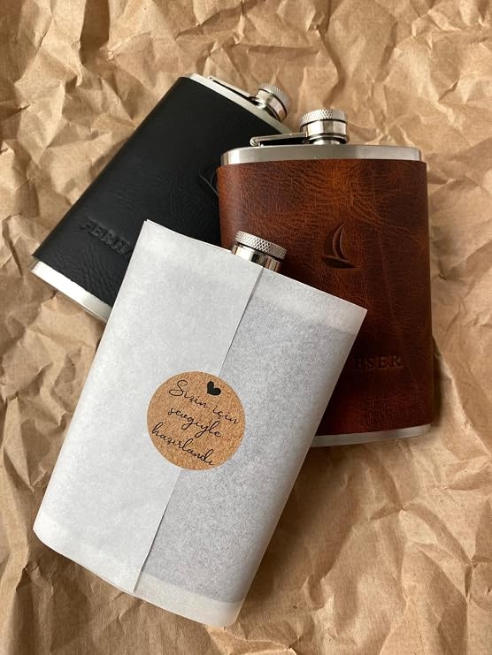 Name-Specific Hand Stitch Leather Coated Steel Whiskey Brandy Drink Mat Set (DARK PLATE, SINGLE FLASK)