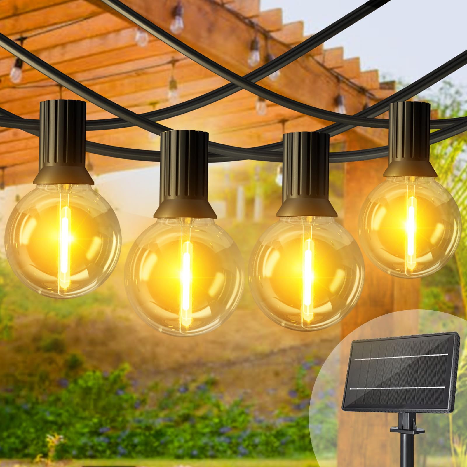 Guirnaldas Luces Exterior Solar LED 50FT 15M 25+2 LED Bombillas 4 Modes G40 Cadena Bombillas Solares Impermeable IP45 Girnarlas Luz Solar Exteriores Jardin Decorativa para Fiesta Bodas Partido