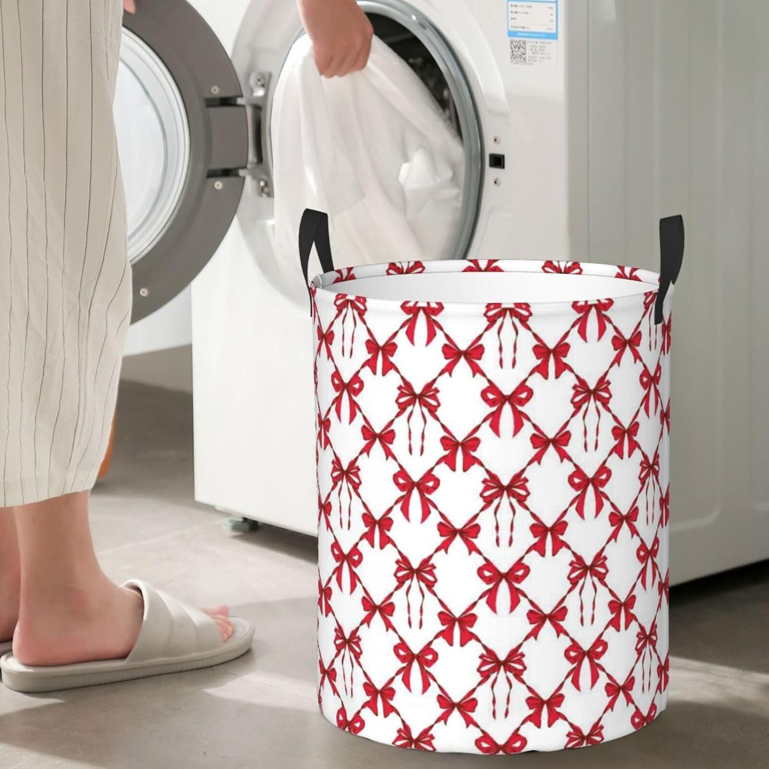 Red Bow Large Laundry Basket,Collapsible Laundry Hamper With Handle Aesthetic Preppy Bowknot Coquette Room Decor,Round Waterproof Dirty Clothes Hamper Toy Organizer for Home Bedroom Bathroom Decor image 2