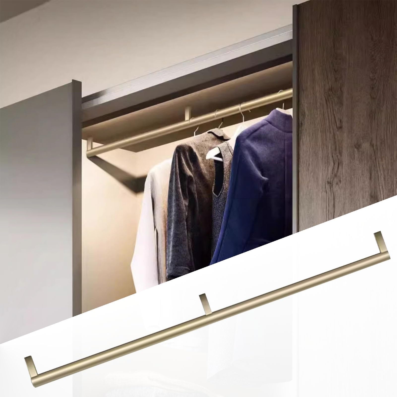 Brushed Texture Closet Pole with End Supports & Center Support, Round Metal Clothes Organizer Wardrobe Bar Rail(Gold,110cm(43 1/4 in))