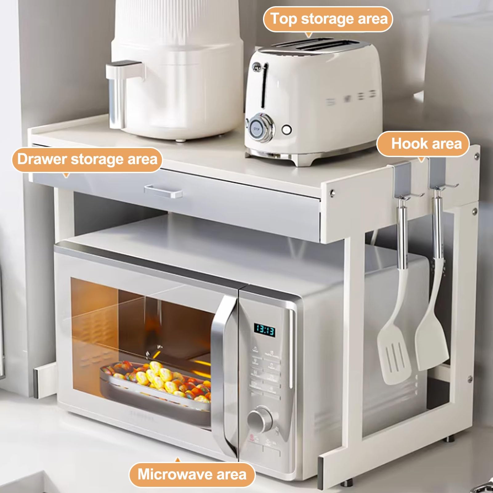 3 Livelli Mensola Microonde, Scaffale Per Microonde con Cassetto, Supporto Per Microonde con Spazio Contenitore Per Ingresso E Soggiorno(Off-white+Gray,L52cm/20.4'')