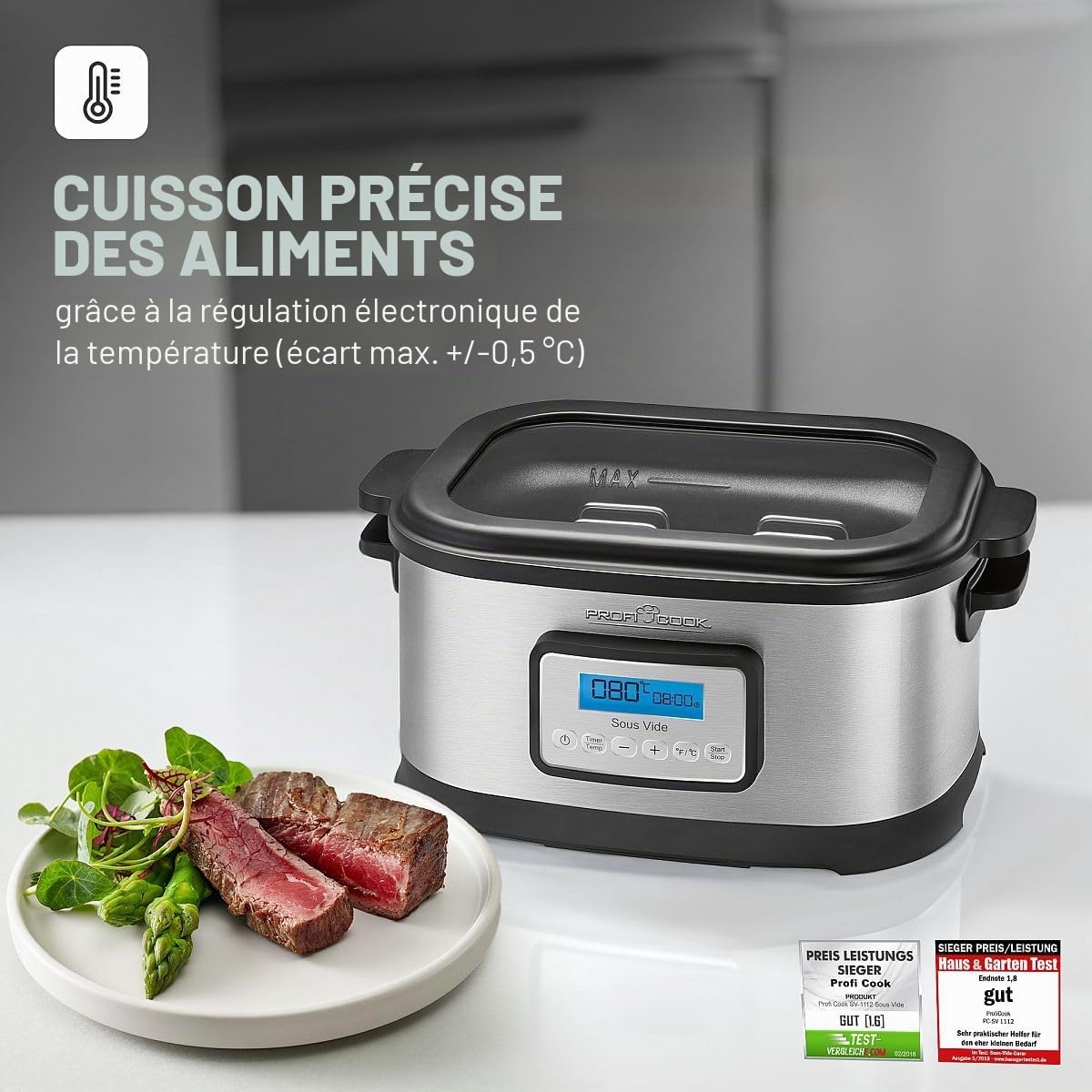 ProfiCook Cuiseur sous vide avec capacité de 8,5L | pour une cuisson précise | Cuve avec minuterie de 72 heures | Fonctions cuisson douce, yaourtière & maintien au chaud | PC-SV 1112